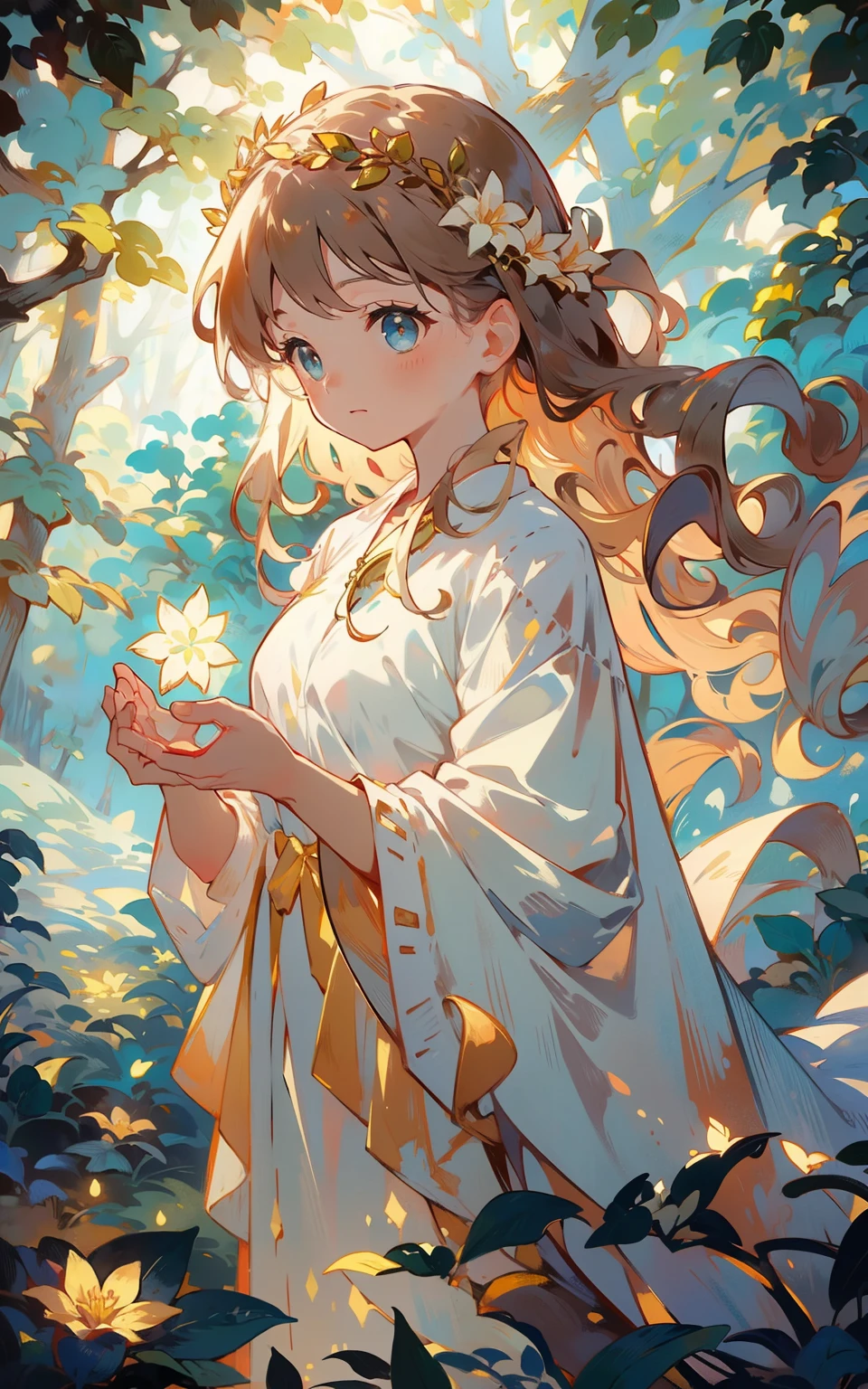 The goddess of the Secret Forest： In a mysterious forest，A goddess girl wears a gorgeous robe，Wearing a flower crown on his head，The eyes reveal wisdom and mystery。She stands in the middle of the forest，It is surrounded by green trees and a mysterious atmosphere，The whole scene is full of magic and magic。