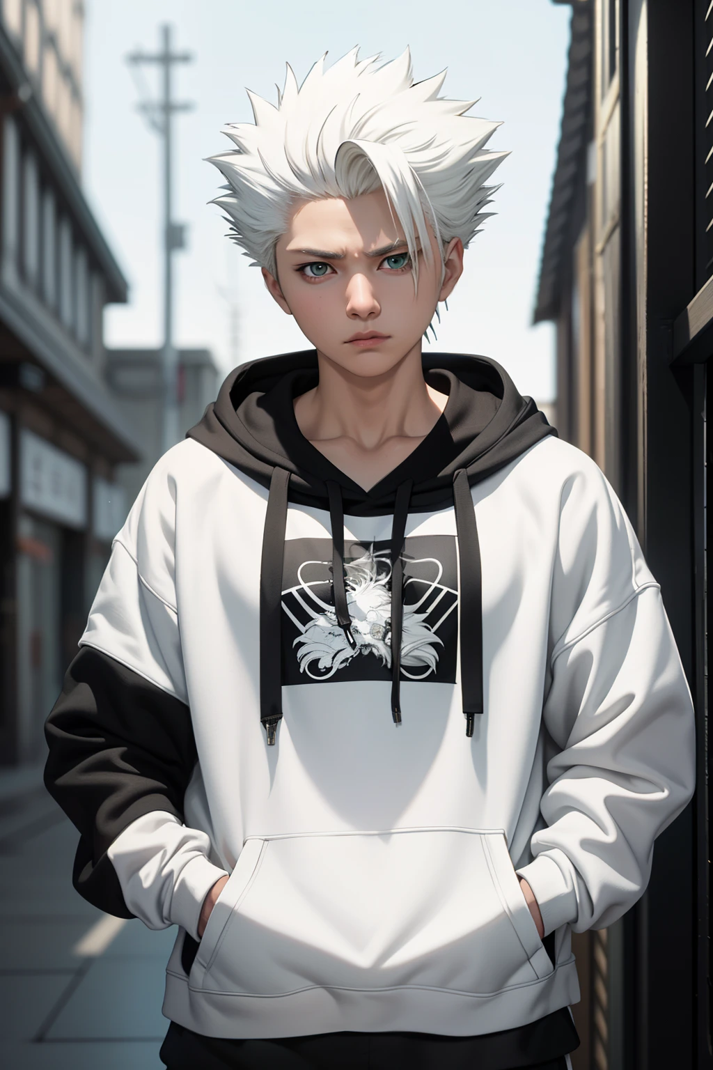 masterpiece, best quality, high quality, 1boy, solo, male focus, looking at viewer, upper body, hitsugaya_toushirou, wearing Streetwear Hoodie, dinamic lighting, blurry background