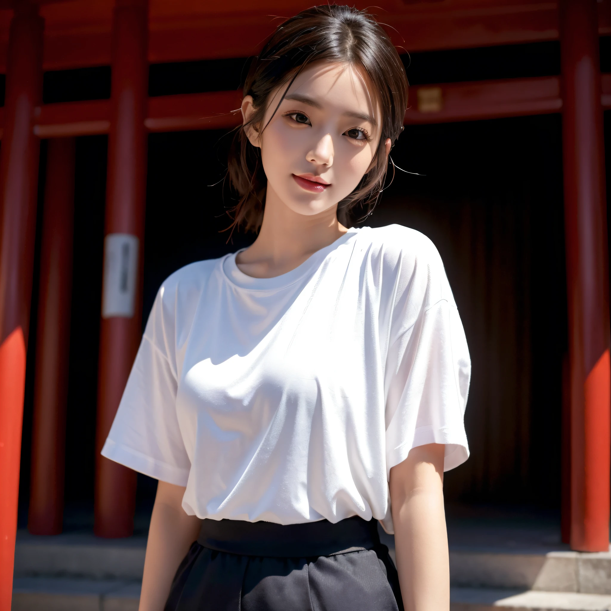 One beauty、((best qualtiy、8k masterpieces:1.3))、foco nítido:1.2、(ultra beautiful faces:1.0)、(shinny skin:1.0)、photos realistic、A dark-haired、Video Lighting、High-definition eyes and face、Video Lighting、Japanese actressl、from the front side、medium breasts、Smile、Slender Abs Beauty、Whole body、Kanji for Japan「tenderness」Wearing a T-shirt、At the shrine