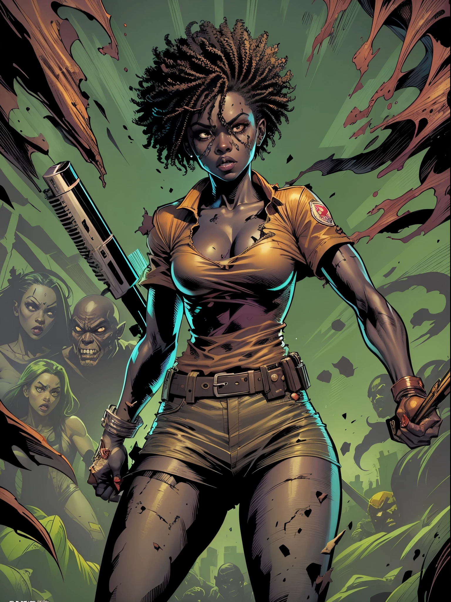 comic book cover style , (darkskin) woman zombie killer, action packed background, 8k,pose , open view