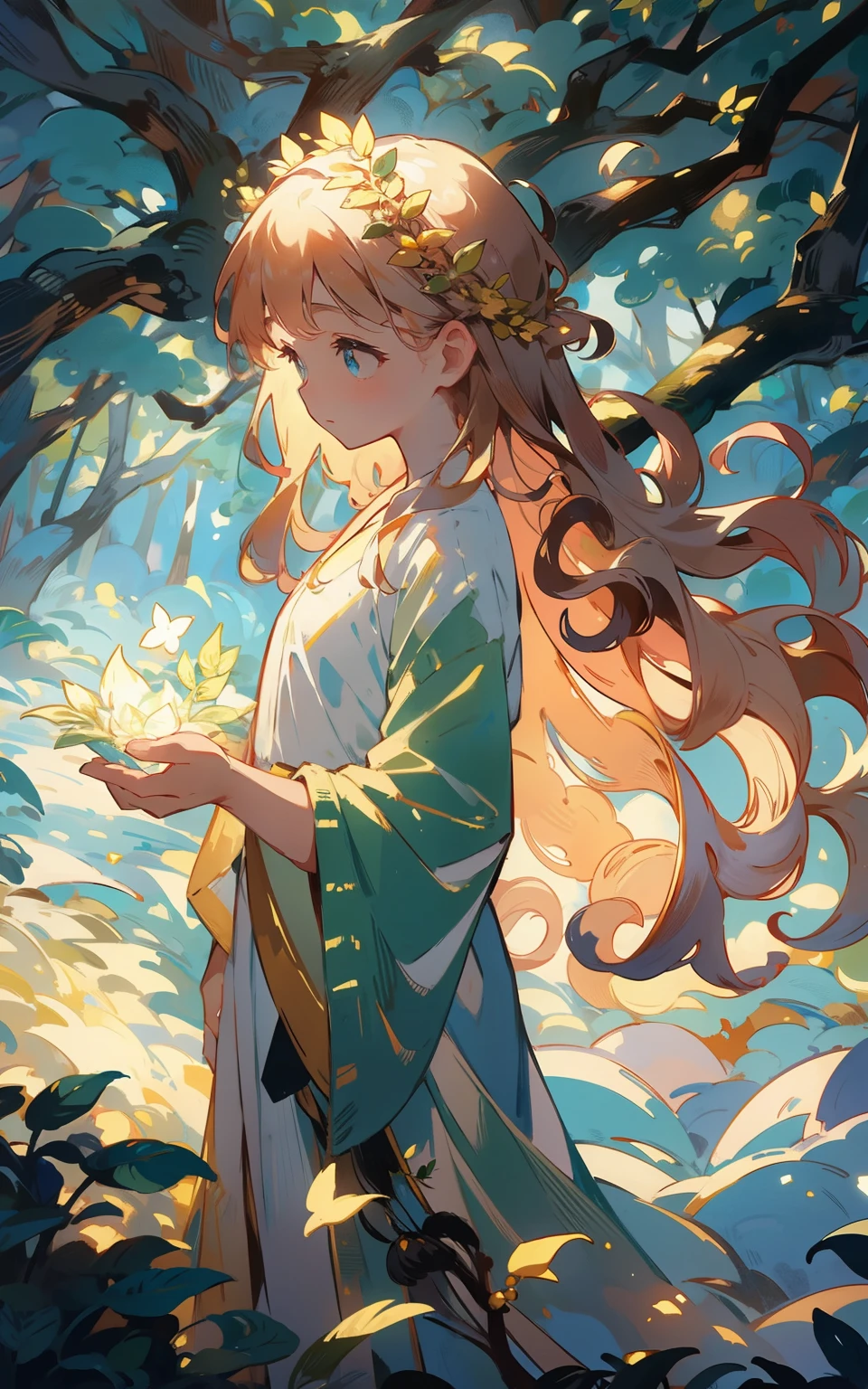 The goddess of the Secret Forest: In a mysterious forest,A goddess girl wears a gorgeous robe,Wearing a flower crown on his head,The eyes reveal wisdom and mystery。She stands in the middle of the forest,It is surrounded by green trees and a mysterious atmosphere,The whole scene is full of magic and magic。
