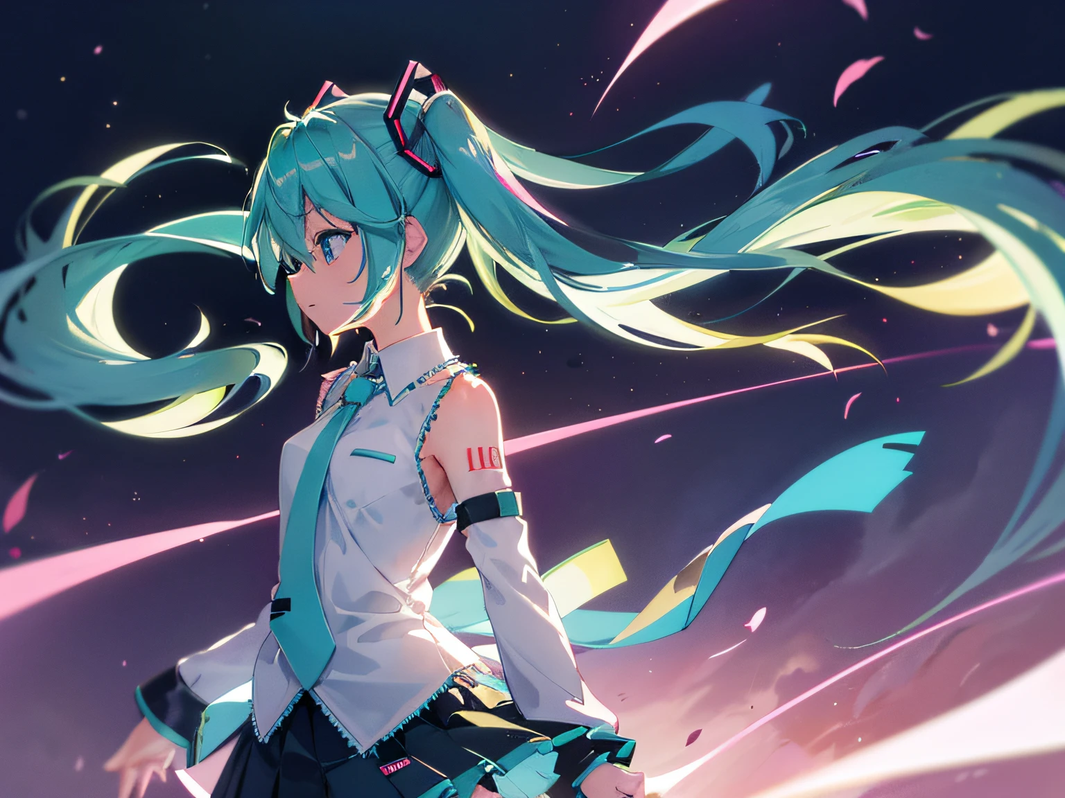 hatsune miku, necktie,skirt,shirt,no sleeve, night, upper body, side view