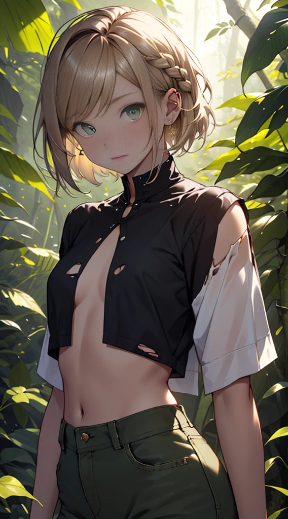 realisitic、Woman in the forest and the sun, 14 year old woman, Short Hair Hair, beautiful hairstyle with two small braids, brown-hair, Gold Hair Studs, green colored eyes, little chest, ripped clothes, bare breast, exposed genitals, looking at the camera