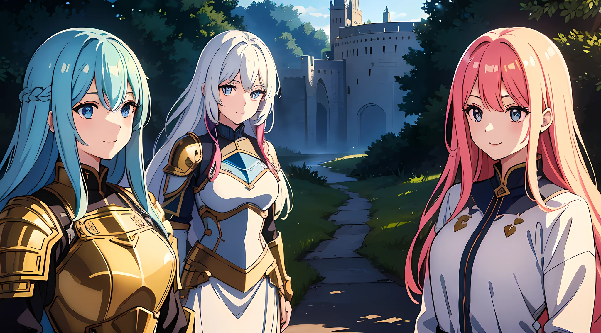 (3 moe girls), (beautiful eyes finely detailed, face to detail, multi color hair, long hair), knight armored, half body illustration, happy facial expression, smiling, talking together, walking together, the background is near the castle, masterpiece, top-quality, detailed, high resolution illustration