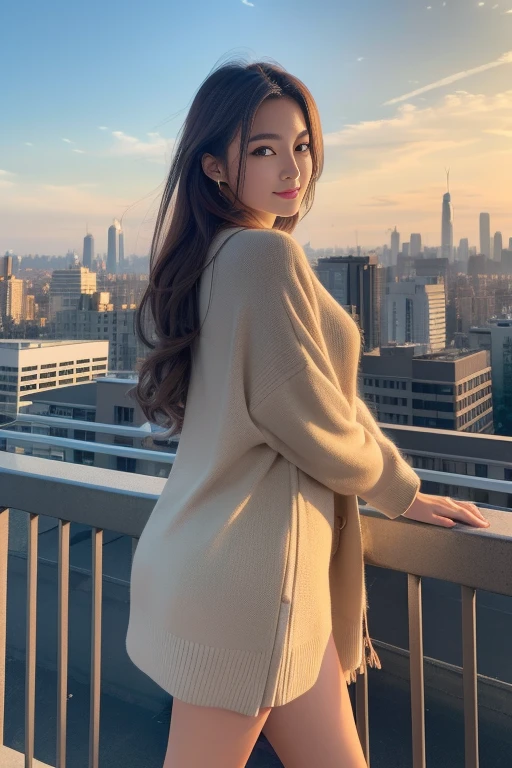 (Transcendent beauty:1.2), modeled, 25-years old, kawaii faces, The best smile, Gravure photos for fashion magazines, masterpiece, top-quality, winning artwork, ((hight resolution)), ((the Extremely Detailed CG Unity 8K Wallpapers)), Great skin, (Random Hair Styles), Perfect body line, Slender body, Clothes of prestigious brands, Autumn outfit, Classy and fashionable atmosphere, captivating and enticing, Sexy Girl, Stand against the backdrop of the city skyline, Autumn glow