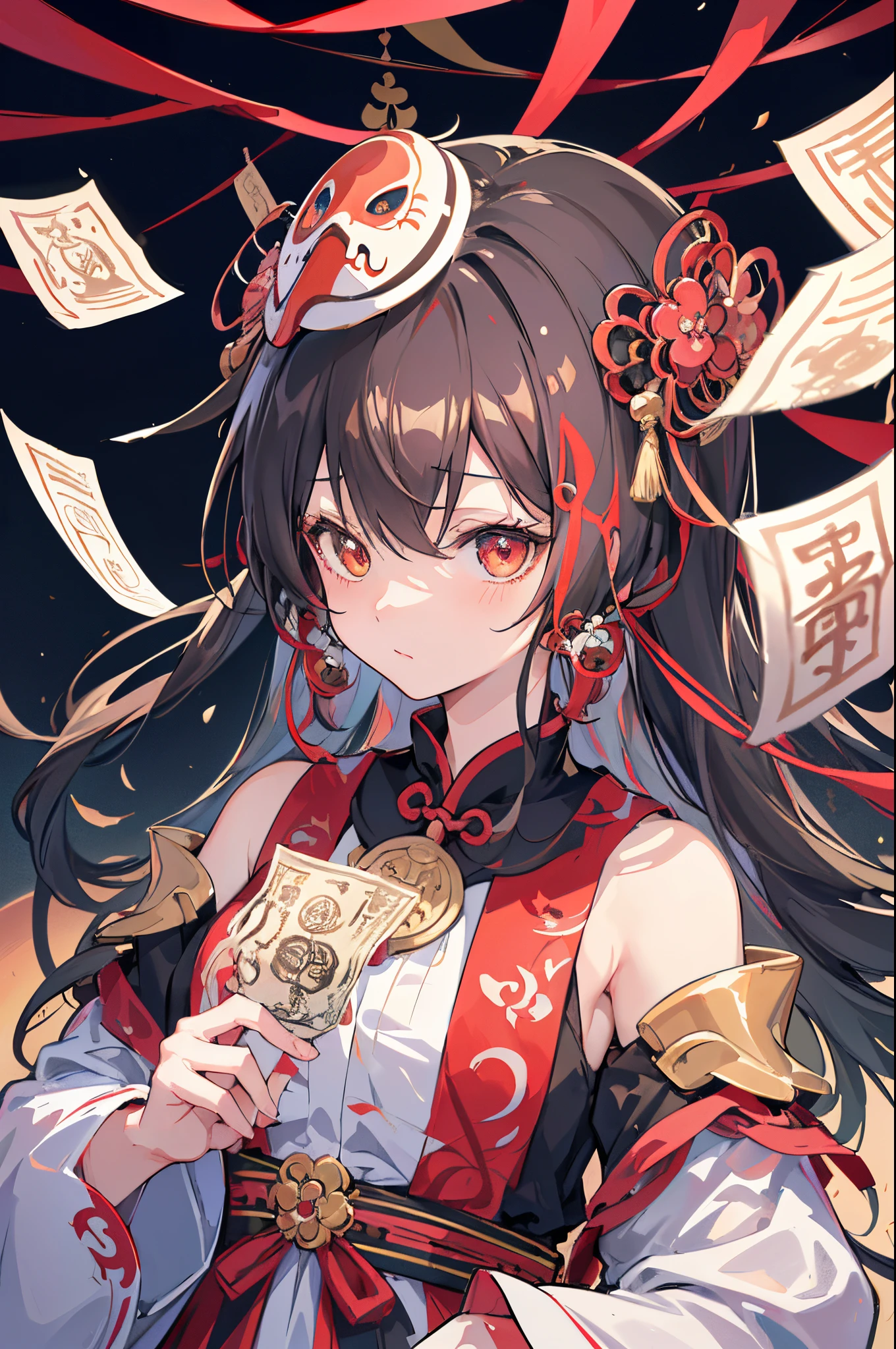 (masutepiece, of the highest quality, Best Quality, official arts, Beautiful and aesthetic:1.2), (1girl in:1.3), (s fractal art:1.3),ritualistic、Birth、Face concealment、Mask、Daoism、curse、curse、allure、nitpicking、ghosts、creepy banknotes