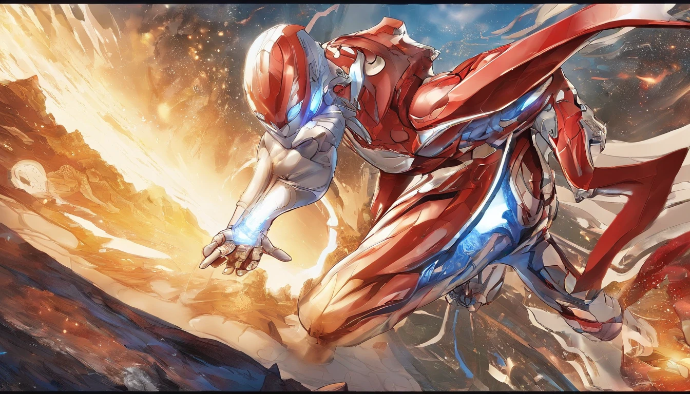 [ Amazing | astounding | delicated ] [Visually inspect the audience]Ultraman&#39;s character statue ， （Best quality， tmasterpiece）， 1人，combat scene， City smoke background， upper part of body， Contemporary，Blue Ultraman Tiga Color Color。[dot paper effect]，Ultra-clear image quality，32K，long-focus。