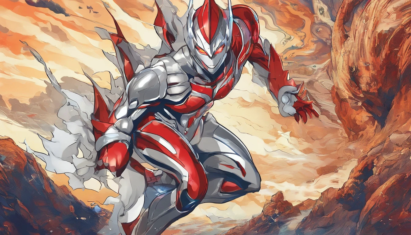 [ Amazing | astounding | delicated ] [Visually inspect the audience]Ultraman&#39;s character statue ， （Best quality， tmasterpiece）， 1人，combat scene， City smoke background， upper part of body， Contemporary，Blue Ultraman Tiga Color Color。[dot paper effect]，Ultra-clear image quality，32K，long-focus。