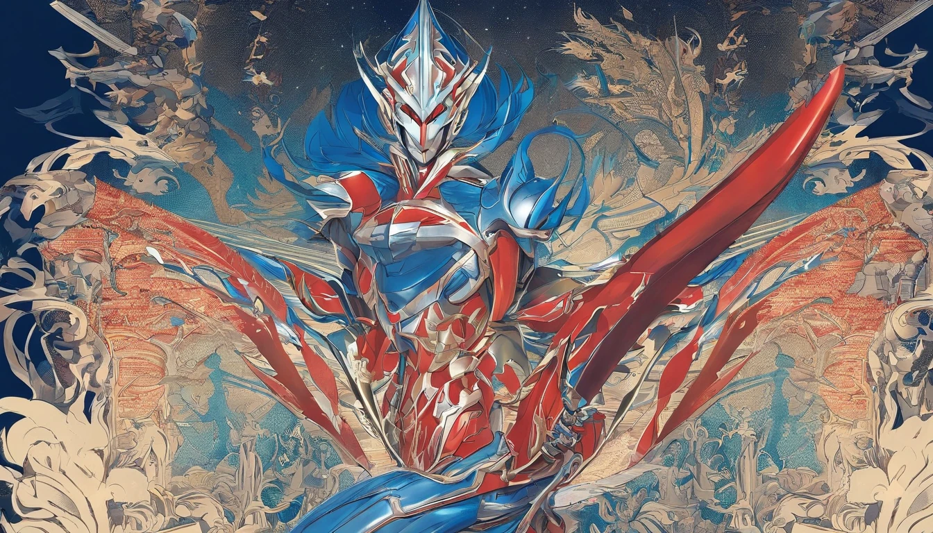 [ Amazing | astounding | delicated ] [Visually inspect the audience]Ultraman&#39;s character statue ， （Best quality， tmasterpiece）， 1人，combat scene， City smoke background， upper part of body， Contemporary，Blue Ultraman Tiga Color Color。[dot paper effect]，Ultra-clear image quality，32K，long-focus。
