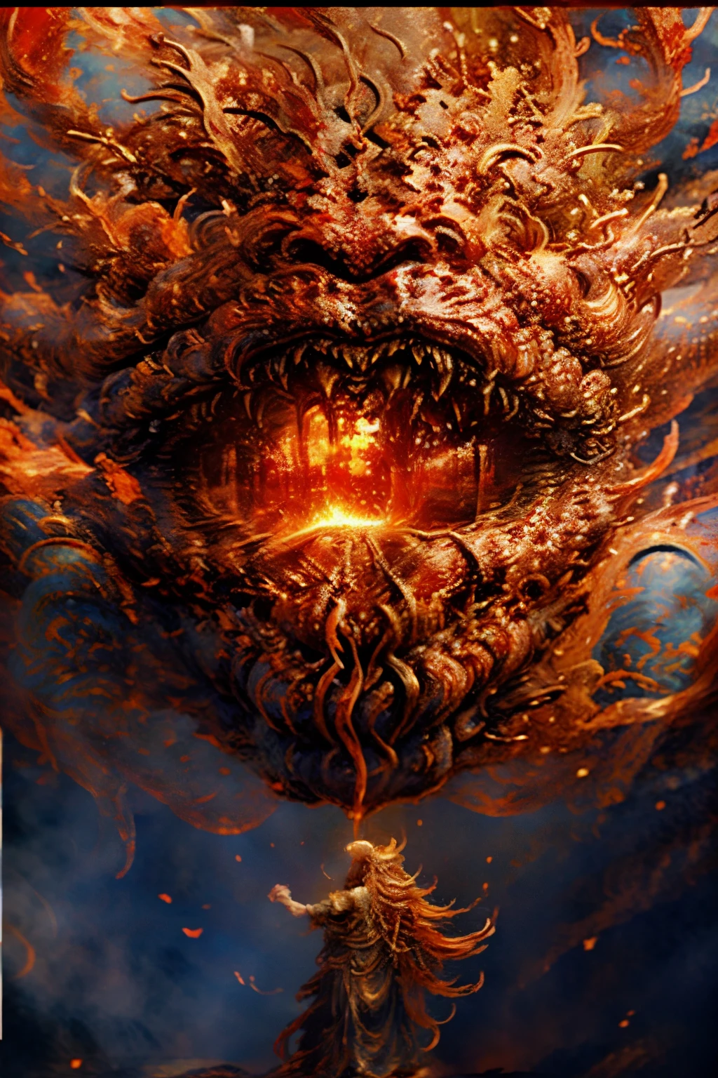 (best quality,4k,8k,highres,masterpiece:1.2),ultra-detailed,(realistic,photorealistic,photo-realistic:1.37),god of war,red hair,fire,explosions,illustration,oil painting,fiery atmosphere,dynamic composition,mythology,warrior,raging battle,chaotic energy,vivid colors,huge muscular figure,glowing eyes,flaming hair,fiery background,dramatic lighting,smoke and ashes,fierce expression,masterful brushstrokes,destruction and chaos,mythical weapons,imposing presence,action-packed scene,majestic aura,battlefield filled with flames and explosions,war god's wrath,blazing fury,stunning visual spectacle,contrast of red and black colors,symbol of power and dominance,awe-inspiring intensity,emotionally charged atmosphere,breathtaking details,expressive poses,mythical creatures,forceful brushwork,heroic figure amidst the chaos,epic confrontation,unleashing devastating attacks,immersive experience,unyielding determination,burning passion,war god's fury embodied in art.