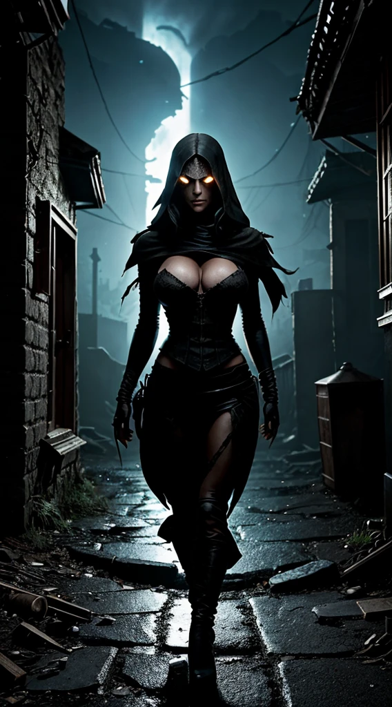 Environment: A dark night envelops the city of Noctisburg. Narrow streets, lit by flickering lanterns, create dancing shadows. Weathered stone walls hold secrets whispered by night winds. The air is thick, filled with distrust and the welcoming Curse of Wrath that hangs like an eternal shadow over the city. Renegade Character: a black girl named Melissa Puerto Appearance: disheveled brown hair, dark clothes that absorb light, eyes that reflect the pain of abandonment. Big breasts, big ass, cleavage. Personality: Determined and reserved, Melissa hides her emotional scars behind a cold facade. Your soul is shaped by betrayal. Curse of Wrath Power: Shadows obey your command, wrapping around your hands like claws. Your wrath will intensify this power, unleashing a dark vision of destruction. Curse Marks: Shadowy tattoos that snake down his arm, glowing when the Curse is activated. Abilities: Supernatural speed, keen night vision and the ability to manipulate shadows for attacks and defense. Scene: Melissa walks along the dark roads of Noctisburg, facing the camera, a lonely silhouette in the darkness. Your footsteps echo, echoing your loneliness. As you approach a run-down tavern, murmurs of distrust spread. Furthermore, there is a sinister presence that leaves customers in an uncomfortable silence. Melissa's dark aura creates a tense atmosphere in the tavern, revealing a duality between the disowned boy and the town that disowned him. Additional Environmental Details: Fading light reveals faded murals that tell the story of the Curse of Wrath. The candles flicker, creating shadows that dance on the walls. The icy atmosphere reflects the emotional coldness that Kaito developed to survive in Noctisburg.