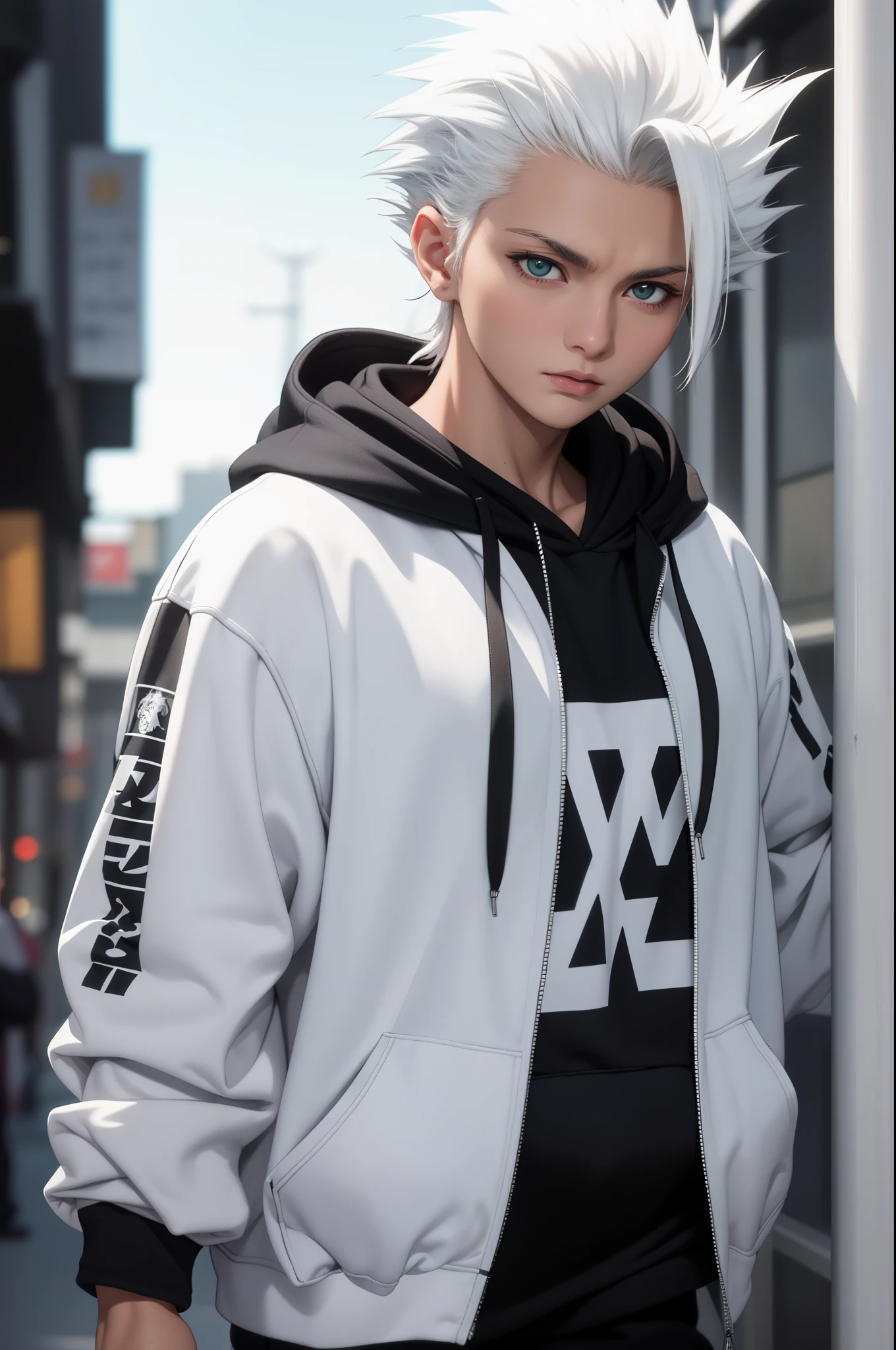 masterpiece, best quality, high quality, 1boy, solo, male focus, looking at viewer, upper body, hitsugaya_toushirou, wearing Streetwear Hoodie, dinamic lighting, blurry background