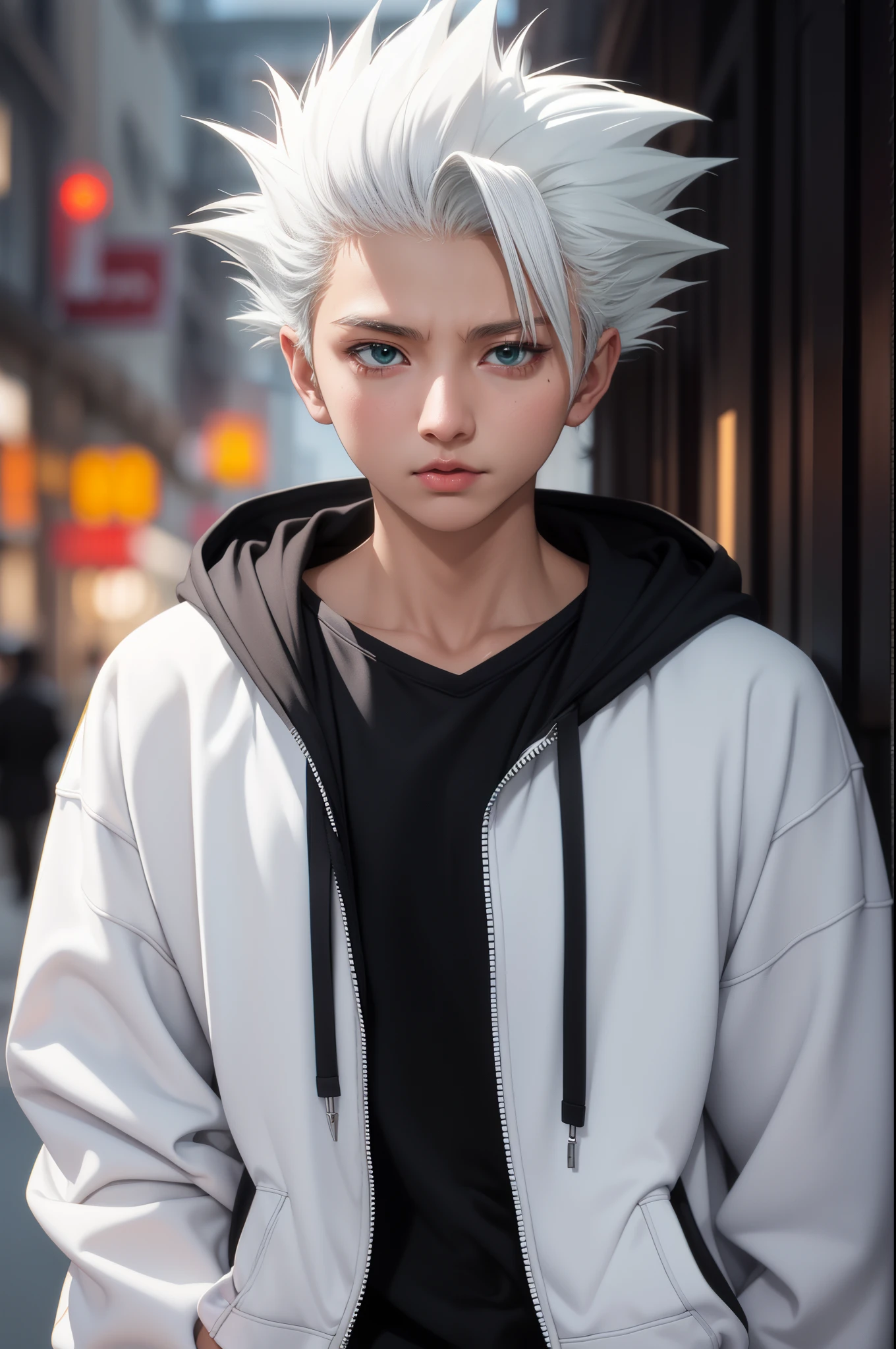 masterpiece, best quality, high quality, 1boy, solo, male focus, looking at viewer, upper body, hitsugaya_toushirou, wearing Streetwear Hoodie, dinamic lighting, blurry background