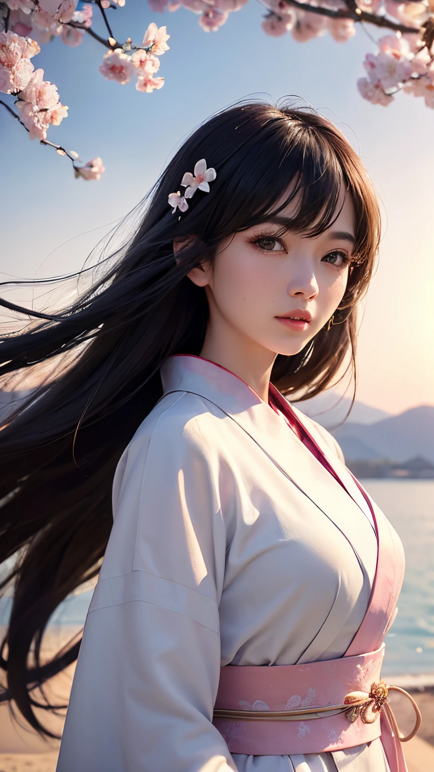 (A logo、​masterpiece、8K、masutepiece、Raw photo、Fantastic、Best Quality、Photorealistic、extremely detailed CG unified 8k wallpaper、hightquality、ighly detailed、epic poem、Particle effect、Dynamic effects、depth of fields、Cinematic Light、Lens Flare、Ray tracing)、Fantasia、 (Beauty 1 person、White Japanese Clothing、Japanese dress、White cherry blossom pattern、White cherry blossom embroidery pattern、A dark-haired、Beautiful face、Real Face、Beautiful detail eyes、Beautiful skin)、Hair flutters in the wind、Hair jumps、Pink cherry blossom tree、Petals flutter、Sakura blizzard、Superb view、morning glow、Sun in the background、the wind、Deities、tusk、myth、Vast Land、