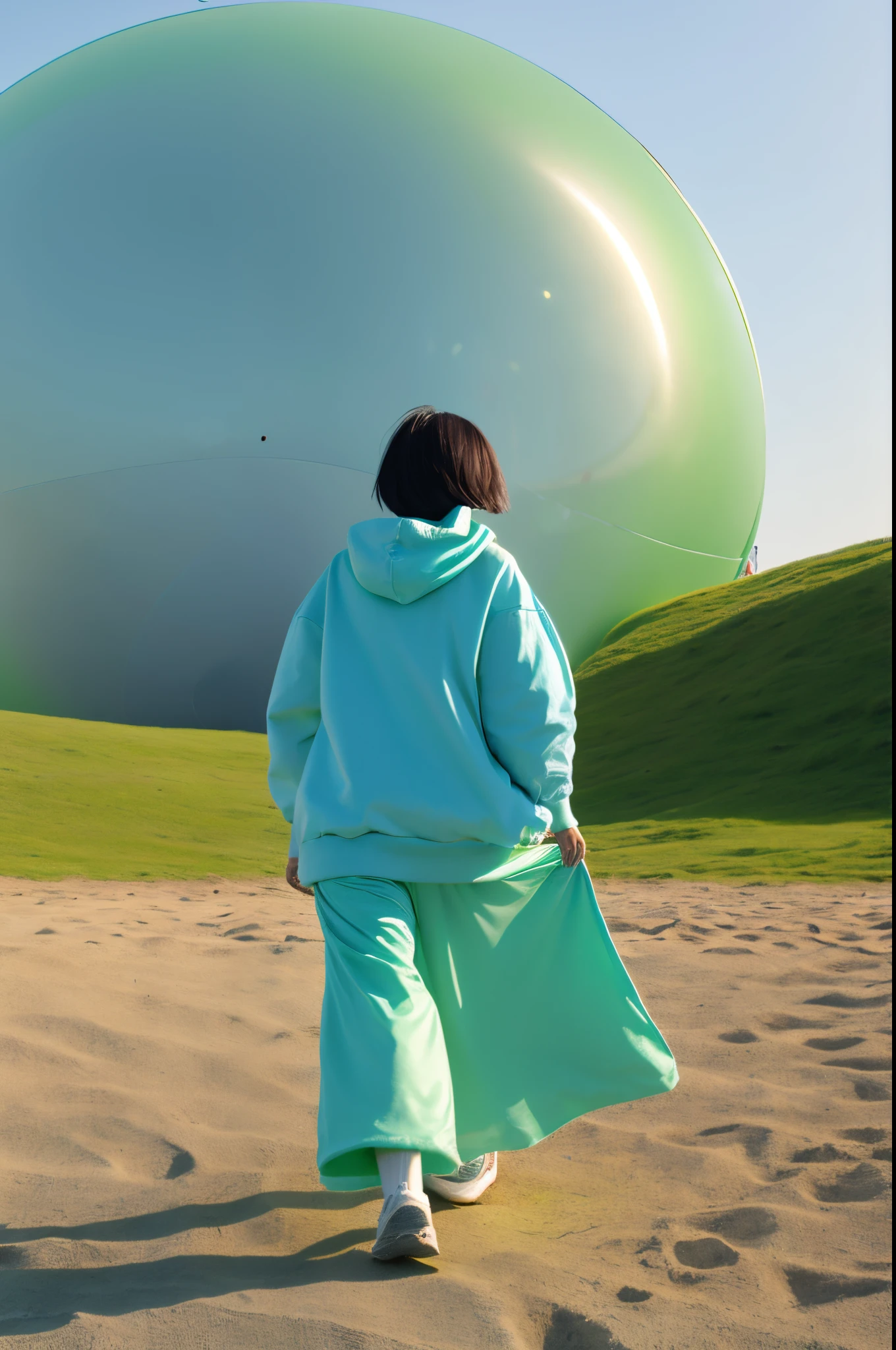 Photo of Asian girl with short hair walking on the grass，hoody，white wide-leg pants，Surrounded by 3D giant circles and spheres of green moss, Giant light blue inflatable spherical device，k hd