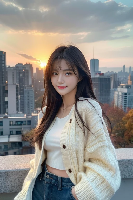 (Transcendent beauty:1.2), modeled, 25-years old, kawaii faces, The best smile, Gravure photos for fashion magazines, masterpiece, top-quality, winning artwork, ((hight resolution)), ((the Extremely Detailed CG Unity 8K Wallpapers)), Great skin, (Random Hair Styles), Perfect body line, Slender body, Clothes of prestigious brands, Autumn outfit, Classy and fashionable atmosphere, captivating and enticing, Sexy Girl, Stand against the backdrop of the city skyline, Autumn glow