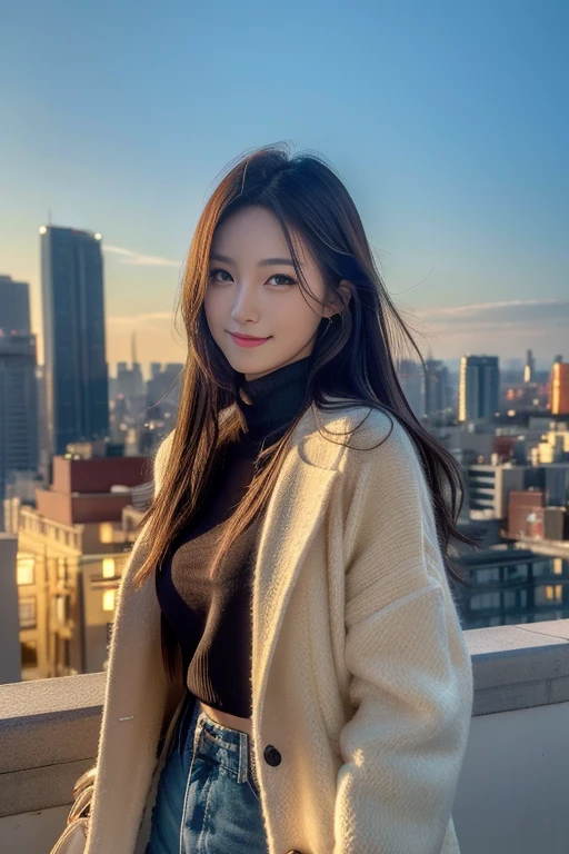 (Transcendent beauty:1.2), modeled, 25-years old, kawaii faces, The best smile, Gravure photos for fashion magazines, masterpiece, top-quality, winning artwork, ((hight resolution)), ((the Extremely Detailed CG Unity 8K Wallpapers)), Great skin, (Random Hair Styles), Perfect body line, Slender body, Clothes of prestigious brands, Autumn outfit, Classy and fashionable atmosphere, captivating and enticing, Sexy Girl, Stand against the backdrop of the city skyline, Autumn glow