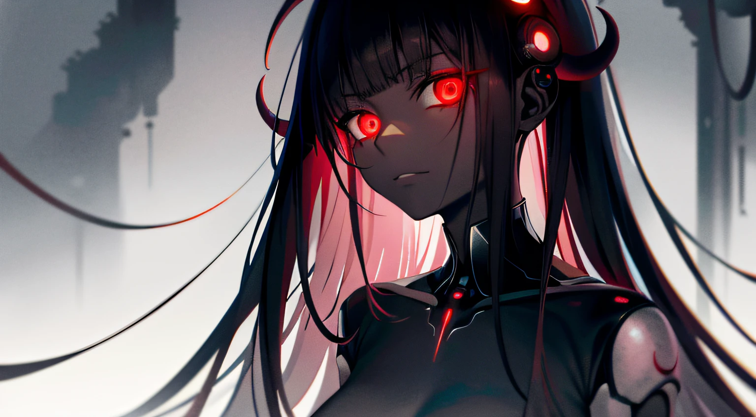((gloomy biopunk atmosphere)), (beautiful anime biopunk girl), (very dark gray skin), dark red inner light, lamp glowing eyes, very long brown hair, open belly, geometrical short clothing, glowing dark red steel dots in skin, gloomy cold lighting, (scorn videogame style), horror atmosphere, presence of something terrible, biopunk meat shelter, highly detailed biopunk background, background by Hans Giger, perfect anatomy, masterpiece