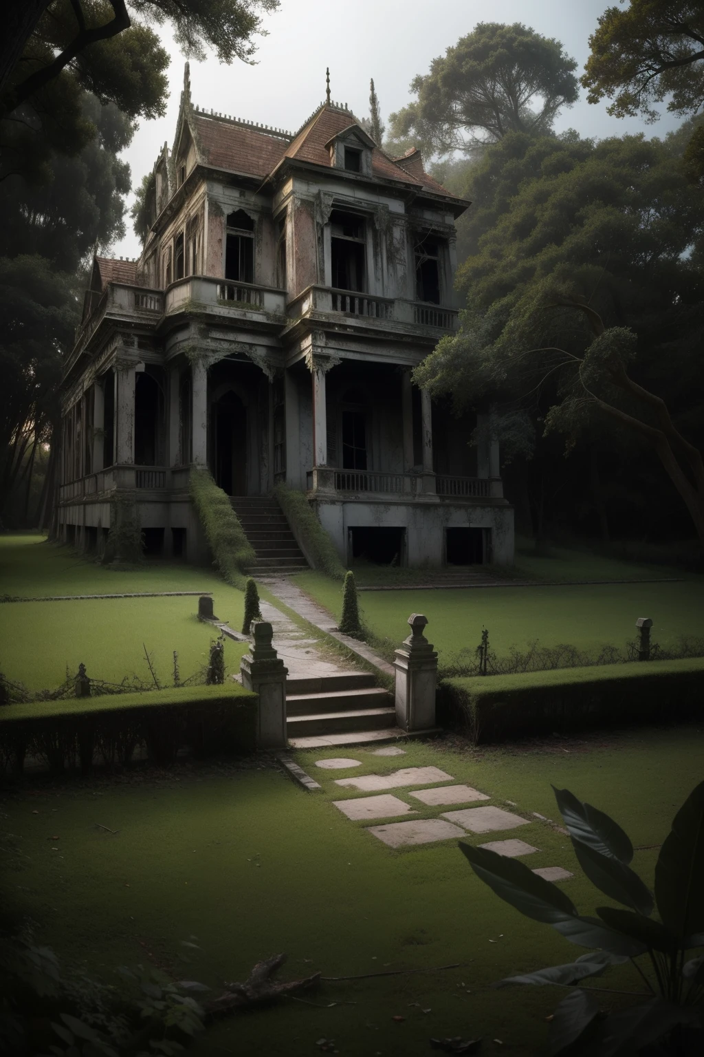 ((Abandoned haunted mansion)), em uma colina cercada por floresta densa e assustadora escura, many dead trees, gnarled grass and shrubs;, Detritos florestais e serrapilheira, Strange mist, caminho sinuoso perto de uma lagoa, a grave tombstone in the foreground