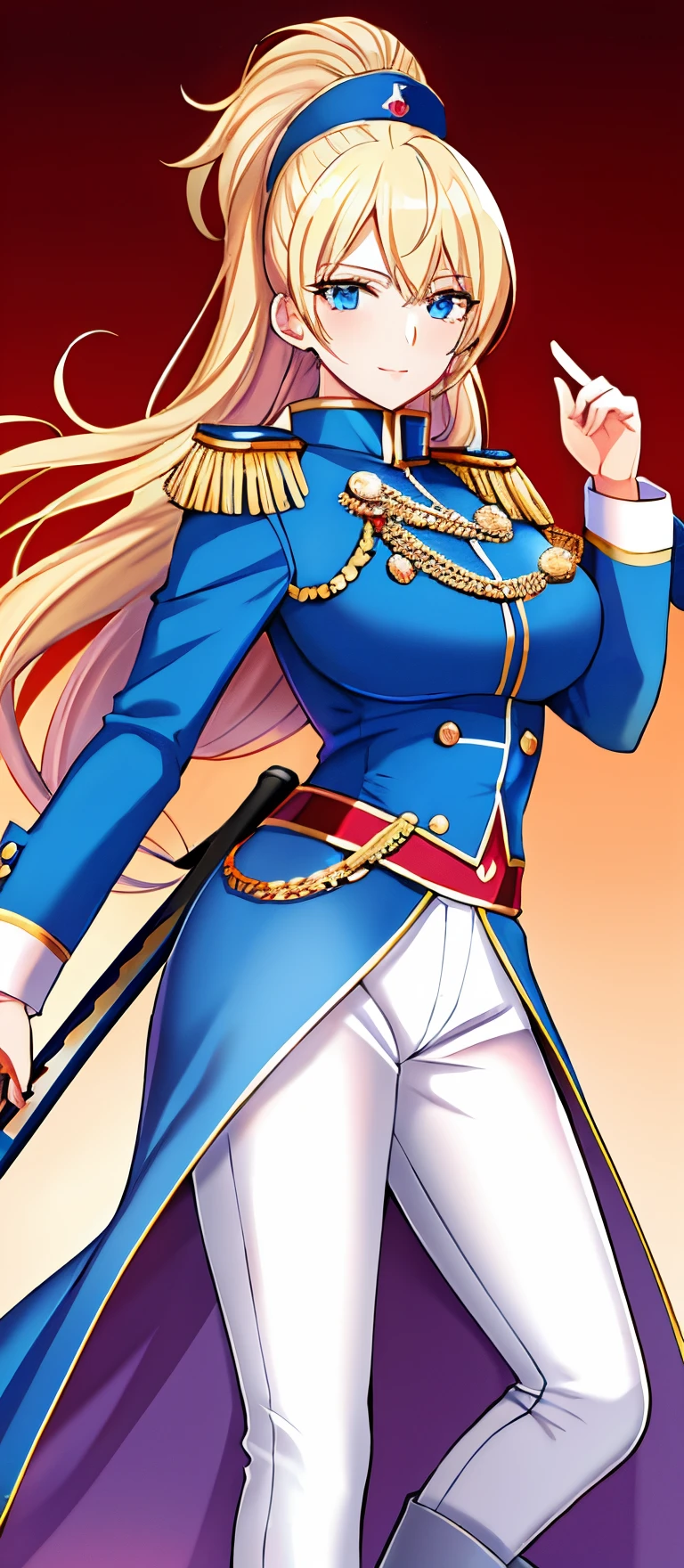 ((masterpiece,best quality)), absurdres, Swordfighter_Peach, solo, 1girl, hat, blonde hair, blue eyes, jewelry, earrings, long hair, rapier, hat feather, pants, ascot, red rose, hat flower, ponytail, white pants, white gloves, boots, blue jacket, long sleeves, smiling, looking at viewer, full body shot,  cinematic composition, (tape gag), (tape bondage), (arms behind the back)