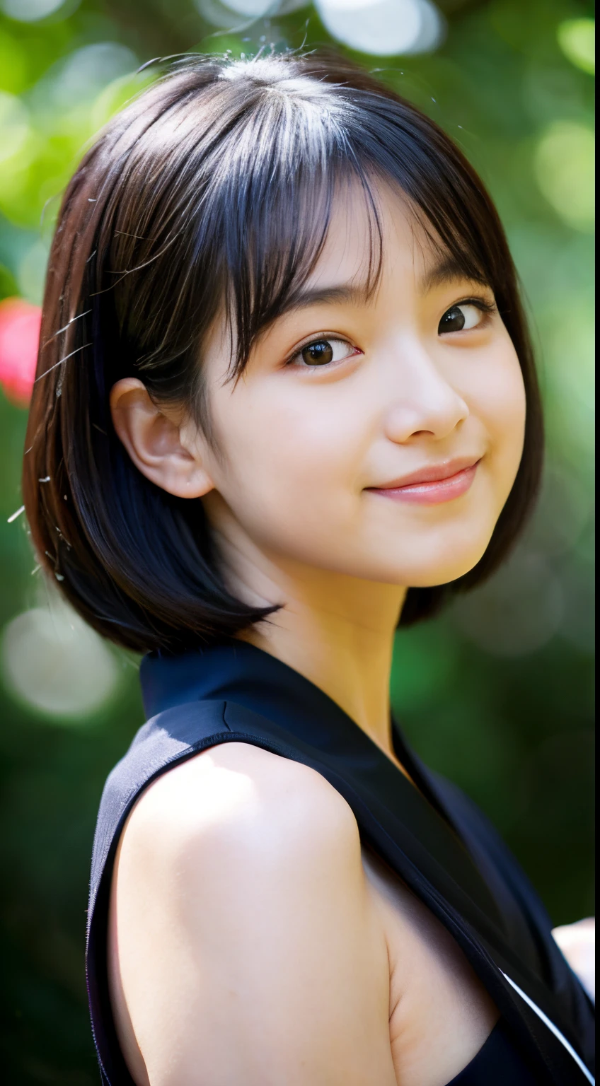 Neat and clean , ( person), (slim, Small, Flat, Small), Short black hair, Photorealistic, detail, Detailed skin texture, Ultra Detail, delicate sexy collarbone, Smile, Super Detailed Face, Detailed lips, Detailed eyes, (A 12-year-old girl)、Delite rows、hort neck))、((a baby face))、Professional Photogatching at viewers))、studio shoot、Portrait、Horizont Studio、Professional Ritinini Dress)),((no-bra)),((No makeup))With bangs,(Unkempt hair),(traditional Japanese room),((Sitting upright on tatami mats:1.2))、解剖学的に正確な身体、NSFWではない、NO＿NFSW、