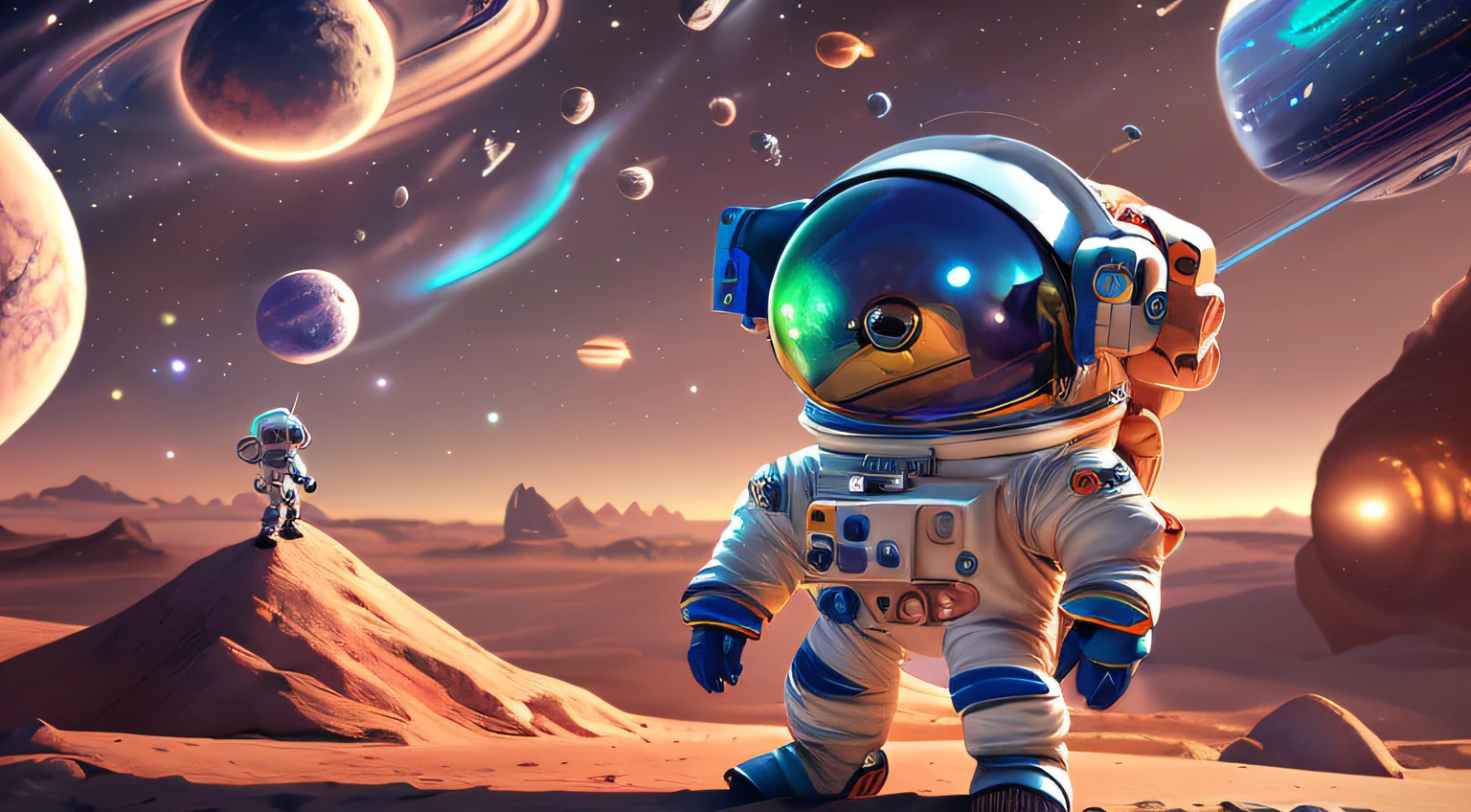 Colorful cartoon astronaut in space,Amazing space creature with planet in background 4K Little astronaut in space looking up cute 3D rendering cute detailed digital art cute robot cute digital art cute astronaut, lovely digital painting, Bipper and Jeremias Ketner, background artwork, Cute and exquisite epic robot, --auto --s2
