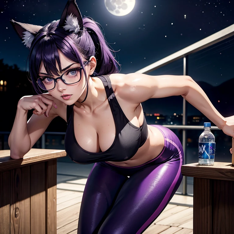 une femme adulte avec des lunettes dans une salle de sport, sportwear, sport leggings, sweats, bottle of water, stretching, Bending in front of camera , cat ears, Dark and purple hair (ponytails) , cheveux noirs et mèches violettes, oreilles de chat sur la tête, gros seins, belle poitrine , Décolleté important, Avatar de seconde vie, Belle capture d’écran, charme , Seconde vie, femme séduisante, portant des lunettes noires brillantes, Full Moon, Dark Sky, Night, objectif sur sa poitrine, lean forward, close up view on clivage