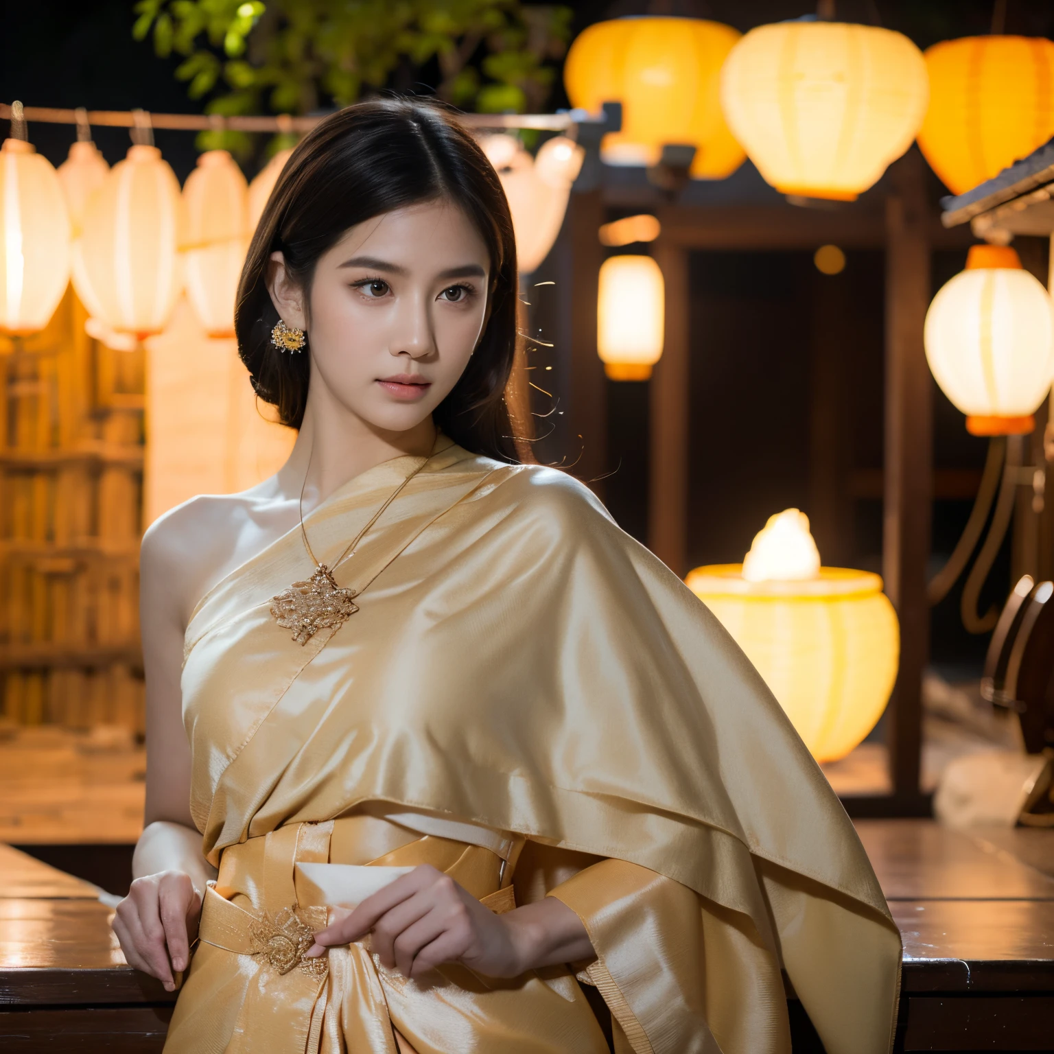 A beautiful young woman wearing a traditional Thai costume, the traditional of releasing floating lanterns, Loy Krathong festival, Thailand, (Masterpiece, realistic, high resolution),photorealistic, high resolution, hyper-realistic, ultra-detailed, Very detailed CG 8k wallpaper, Beautiful Lighting, Perfect Lightning,realistic(face, body, skin, high detailed skin, skin pores), perfect face,Pictures of the atmosphere at nights, full-body portraits,model poses,Full body Shot, perfect body, perfect face, perfect picture,