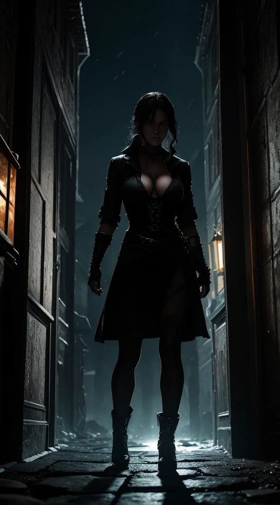 Environment: A dark night envelops the city of Noctisburg. Narrow streets, lit by flickering lanterns, create dancing shadows. Weathered stone walls hold secrets whispered by night winds. The air is thick, filled with distrust and the welcoming Curse of Wrath that hangs like an eternal shadow over the city. Renegade Character: a black girl named Melissa Puerto Appearance: disheveled brown hair, dark clothes that absorb light, eyes that reflect the pain of abandonment. Big breasts, big ass, cleavage. Personality: Determined and reserved, Melissa hides her emotional scars behind a cold facade. Your soul is shaped by betrayal. Curse of Wrath Power: Shadows obey your command, wrapping around your hands like claws. Your wrath will intensify this power, unleashing a dark vision of destruction. Curse Marks: Shadowy tattoos that snake down his arm, glowing when the Curse is activated. Abilities: Supernatural speed, keen night vision and the ability to manipulate shadows for attacks and defense. Scene: Melissa walks along the dark roads of Noctisburg, facing the camera, a lonely silhouette in the darkness. Your footsteps echo, echoing your loneliness. As you approach a run-down tavern, murmurs of distrust spread. Furthermore, there is a sinister presence that leaves customers in an uncomfortable silence. Melissa's dark aura creates a tense atmosphere in the tavern, revealing a duality between the disowned boy and the town that disowned him. Additional Environmental Details: Fading light reveals faded murals that tell the story of the Curse of Wrath. The candles flicker, creating shadows that dance on the walls. The icy atmosphere reflects the emotional coldness that Kaito developed to survive in Noctisburg.