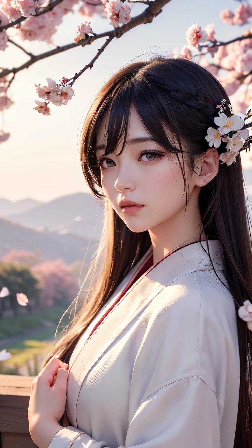 (A logo、masterpiece、8K、masutepiece、Raw photo、Fantastic、Best Quality、Photorealistic、extremely detailed CG unified 8k wallpaper、hightquality、ighly detailed、epic poem、Particle effect、Dynamic effects、depth of fields、Cinematic Light、Lens Flare、Ray tracing)、Fantasia、 (1 beautiful woman in a white coat、robe blanche、Japanese dress、A dark-haired、Beautiful face、Real Face、Beautiful detail eyes、Beautiful skin)、Hair flutters in the wind、Hair jumps、Pink cherry blossom tree、Petals flutter、Sakura blizzard、Superb view、morning glow、Sun in the background、the wind、Deities、tusk、myth、Vast Land、