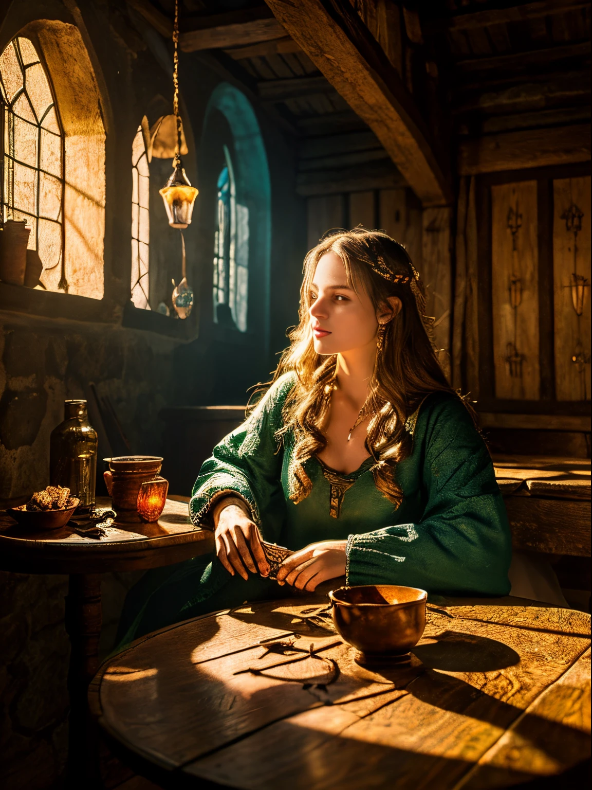 High-quality images，Artistic woman, Tavern of medieval tales, Intricately detailed colorful interior, Detailed intense sunrise lightning, Best geometry, award-winning masterpiece, Ultra-complex shadows and lighting, The best lighting, Best Shadows, Complex busy settings, Trending on Art Station, Global Illumination,