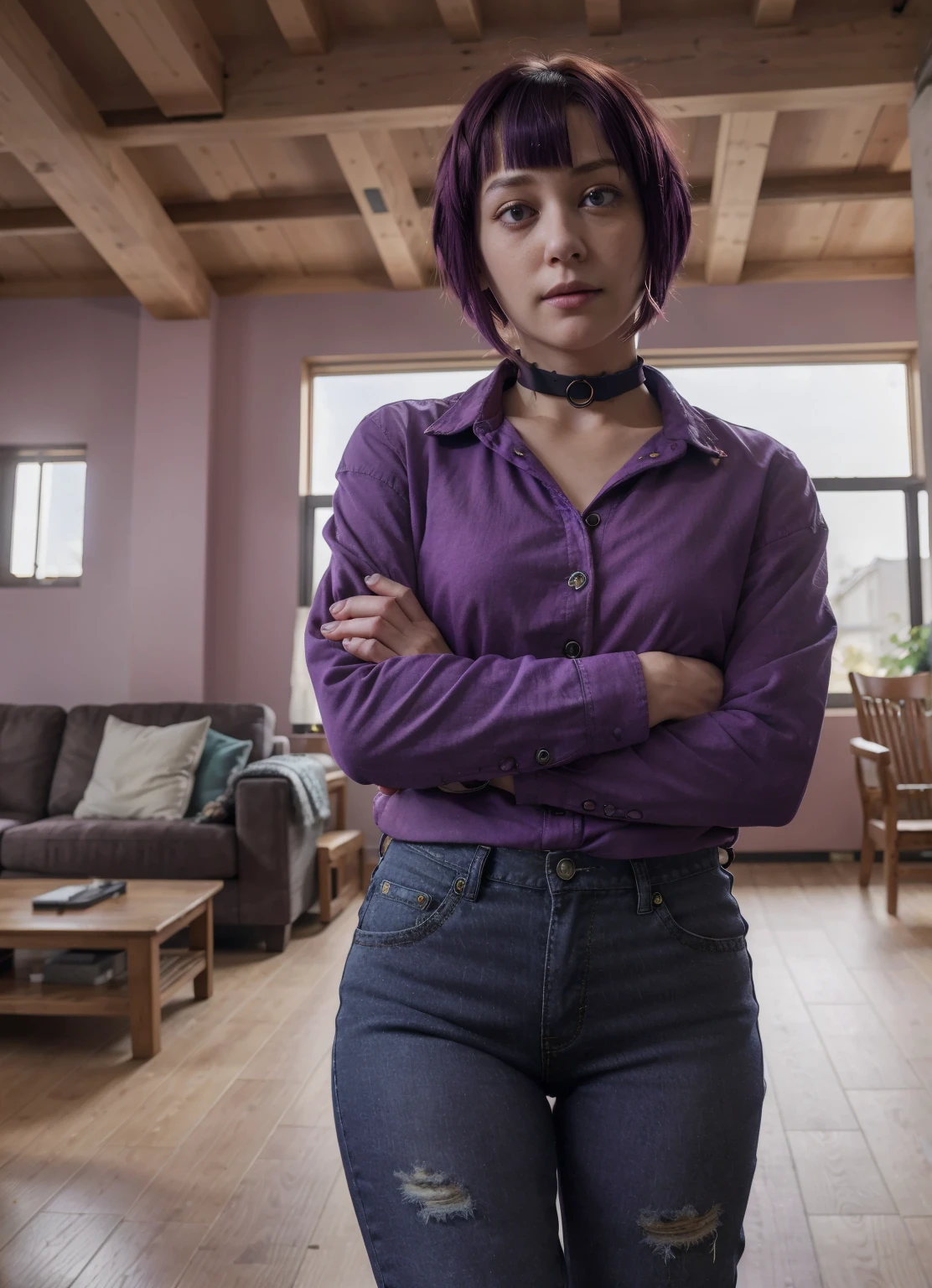 ((best quality)), ((highly detailed)), masterpiece, absurdres, (detailed eyes, deep eyes), (1girl), crossed arms, jirou, short hair, purple hair, blunt bangs, sidelocks, purple eyes, long earlobes, small breasts, pink shirt, torn shirt, black jacket, pants, boots, black choker, (inside, in a living room)