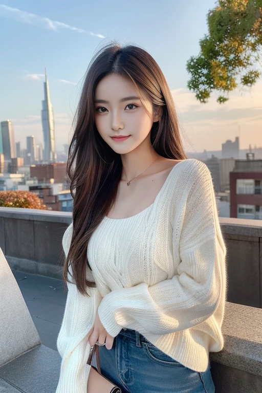 (Transcendent beauty:1.2), modeled, 25-years old, kawaii faces, The best smile, Gravure photos for fashion magazines, ​masterpiece, top-quality, winning artwork, ((hight resolution)), ((the Extremely Detailed CG Unity 8K Wallpapers)), Great skin, (Random Hair Styles), Perfect body line, Slender body, Clothes of prestigious brands, Autumn outfit, Classy and fashionable atmosphere, captivating and enticing, Sexy Girl, Stand against the backdrop of the city skyline, Autumn glow