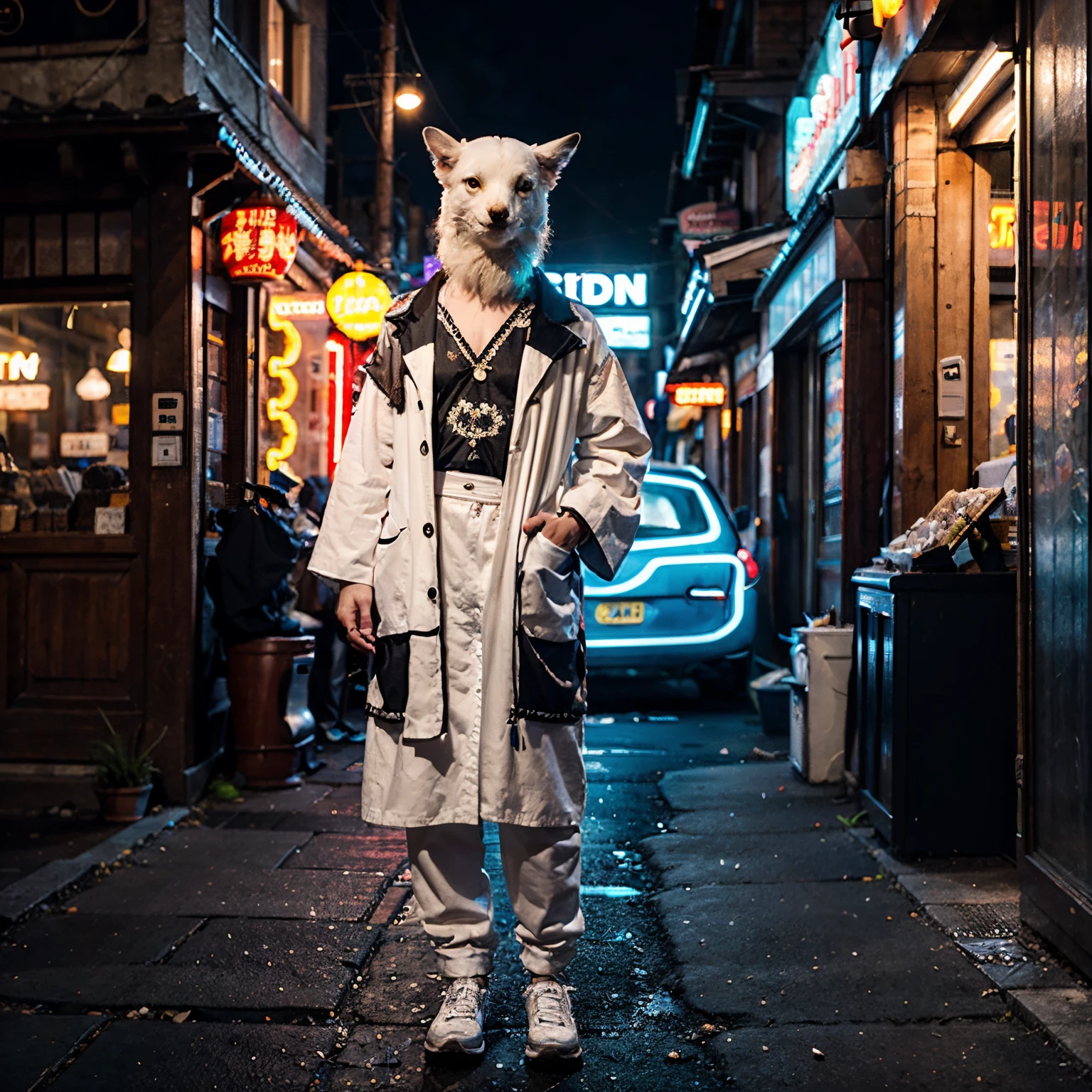 A white bird, wearing opium clothes, looks chill, standing one a white mountain , neon lights, 8k, high quality, high detail