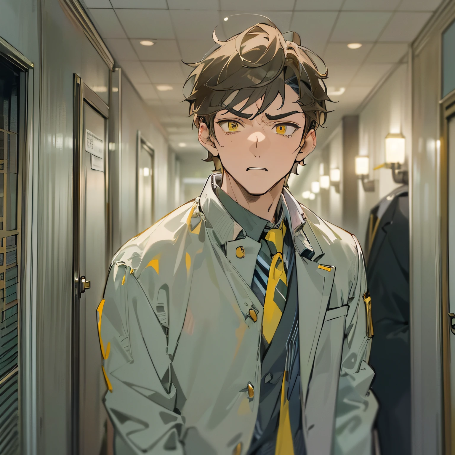 masterpiece、hightquality、25 year old man with short brown hair and yellow eyes、Like a cartoon in Japan、Wearing a gray suit、(Alone:1.5)、(Angry look:1.1)、(Close-up of your face:1.3)、(Only the upper body is shown.:1.3)、The background is the hallway of the apartment、Bold composition、