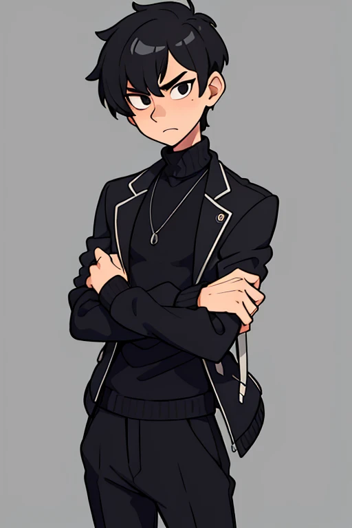 (beste-Qualit)1 age boy, bags under eyes, kblack eyes, black hair, black jacket, black undershirt, black sweater top, closed mouth, formal, gray background, jacket, looks at the viewer, male focus, Revealing clothes, open jacket, Shirt, Short Hair Hair , 独奏, striped, Striped jacket, suit, sweater, turtleneck top, high-collar sweater,black pant