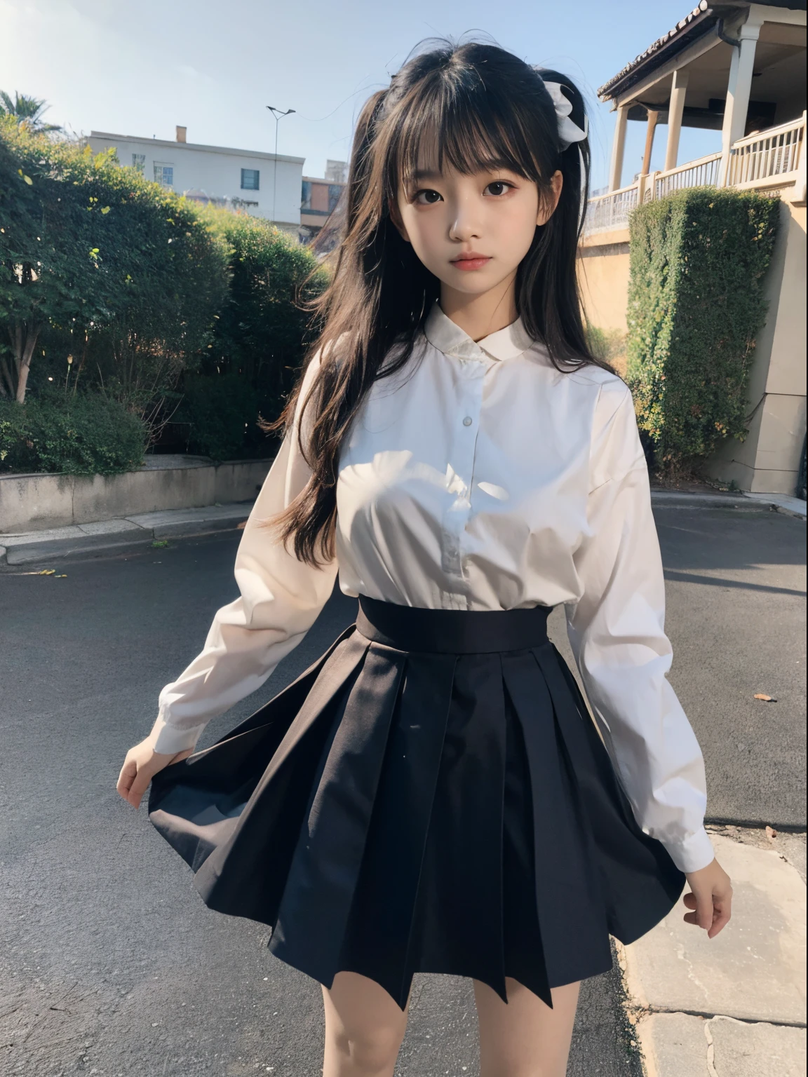 Original quality, highest quality, best image quality, exaggerated detail, cute 8-year-old asian girl with shy expression, slightly squinted eyes, adjust her hair, long eyelashes (long / very, in uniform) outdoors, posing in front of the camera, focus on breasts. Wear a white shirt.，boobs big breast，The chest is more exposed，short Thin silk lace petticoat