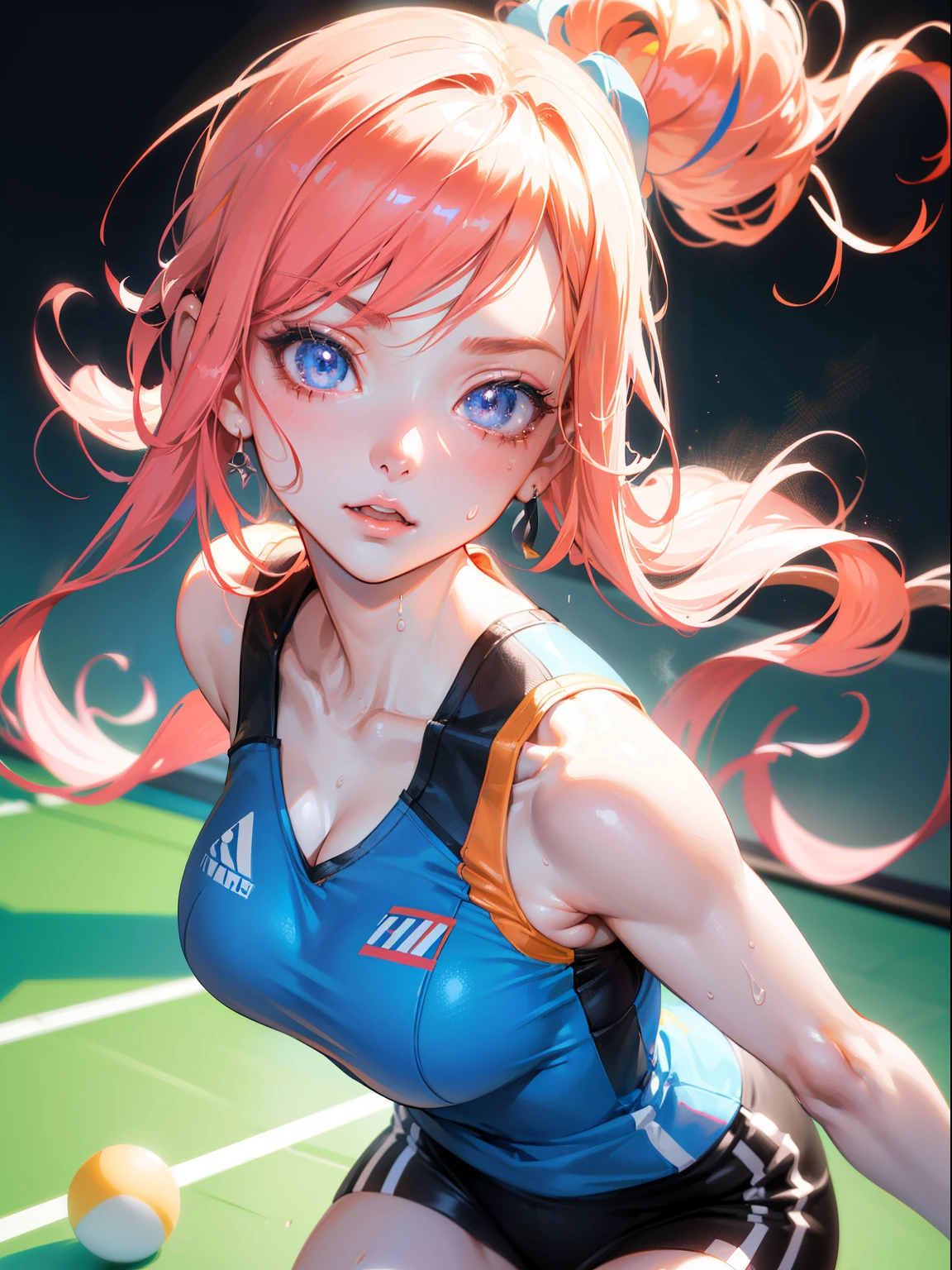 Best Quality, masutepiece,  High resolution, (Anime Heroine Illustration), Anime Paint, 1beautiful girl ,Dynamic Angle,Women's ping‐pong athlete ,small head,Large breasts,Smart body,nice legs, Glowing skin, Sweat,At the ping‐pong venue ,(Detailed beautiful face:1.4),detailed skins,Detailed eyes,detailed hairs,