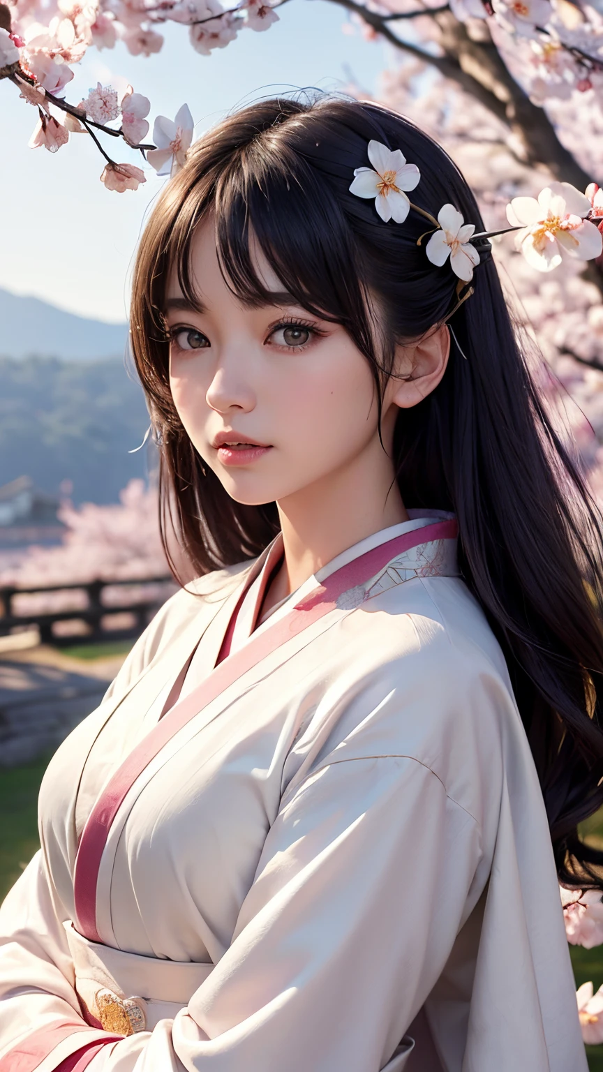 (A logo、​masterpiece、8K、masutepiece、Raw photo、Fantastic、Best Quality、Photorealistic、extremely detailed CG unified 8k wallpaper、hightquality、ighly detailed、epic poem、Particle effect、Dynamic effects、depth of fields、Cinematic Light、Lens Flare、Ray tracing)、Fantasia、 (Beauty 1 person、White Japanese Clothing、Japanese dress、White cherry blossom pattern、White cherry blossom embroidery pattern、A dark-haired、Beautiful face、Real Face、Beautiful detail eyes、Beautiful skin)、Hair flutters in the wind、Hair jumps、Pink cherry blossom tree、Petals flutter、Sakura blizzard、Superb view、morning glow、Sun in the background、the wind、Deities、tusk、myth、Vast Land、