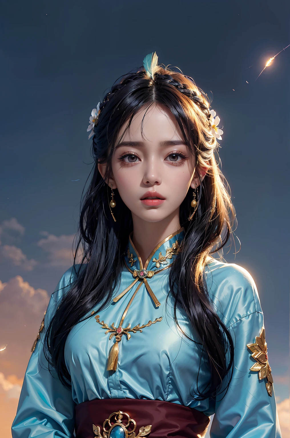 (tmasterpiece, top-quality, Best quality, extremly high detail, extremly high detail, offcial art, Beauty and aesthetics: 1.2), asiagirl, upper body shot, Nice face, Alone, perfect body figure, Fly in the sky, portrait of one girl, Silver gradient hair, black hair color hair, faeries, Ambilight, (sexy for), suns rays, cloud, Hanfu, Chinese clothes, Eau, glowworm , natta, starrysky, jewely, There are feathers on the clothes, Peacock feathers, Light particles,