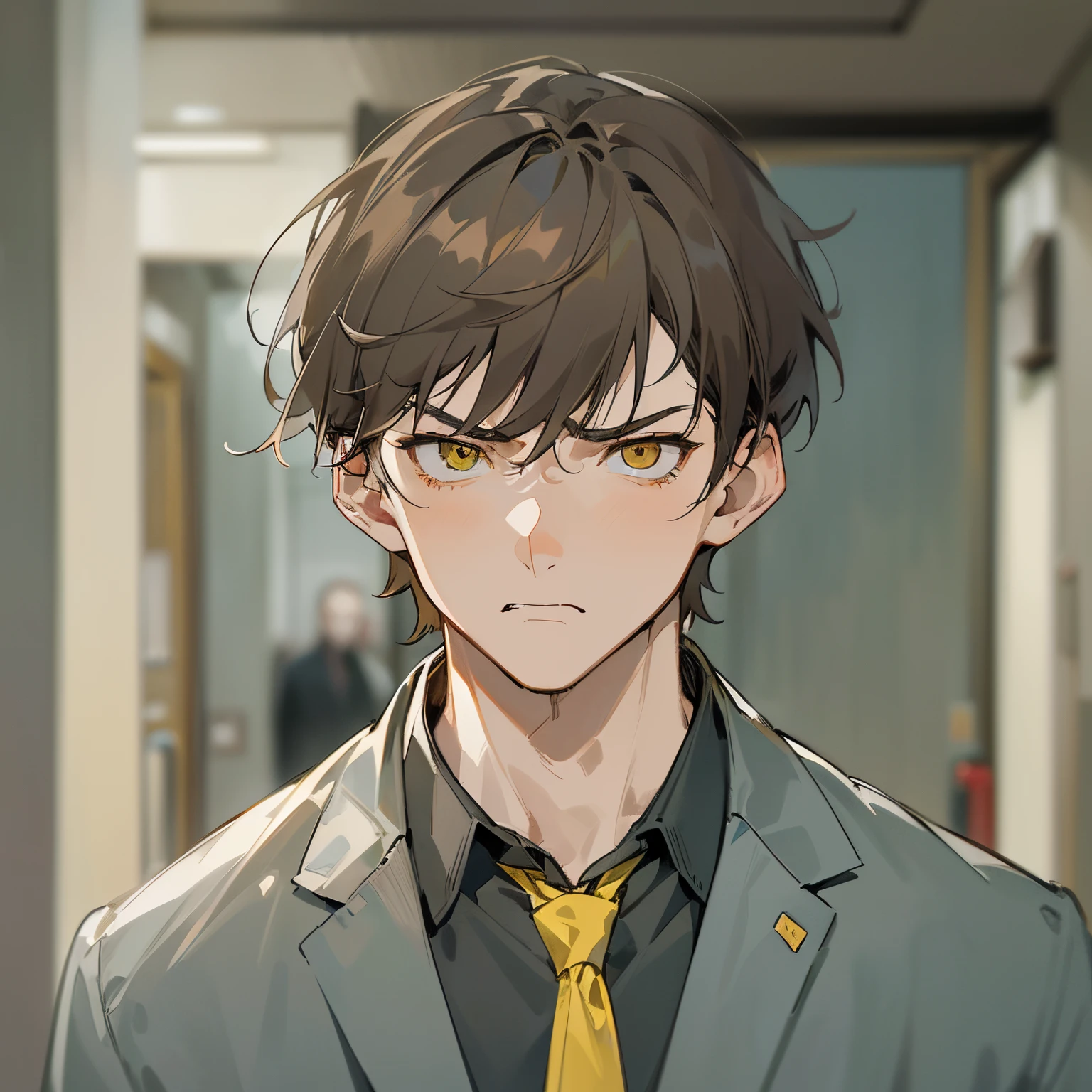 masterpiece、hightquality、25 year old man with short brown hair and yellow eyes、Like a cartoon in Japan、Wearing a gray suit、(Alone:1.5)、(Angry look:1.1)、(Close-up of your face:1.3)、(Only the upper body is shown.:1.3)、The background is the hallway of the apartment、Bold composition、