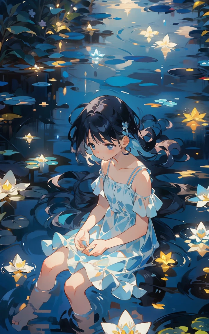 9. Blue reflection：Female sitting by a tranquil blue pond，Her reflection blends in with the nature around her。The surface of the water ripples gently，Creates a sense of serenity and clarity。