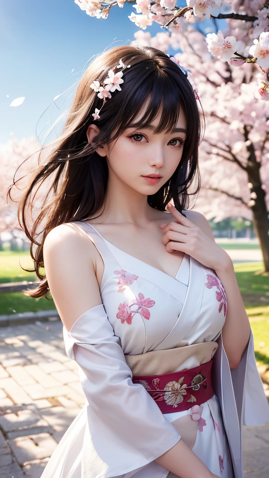 (A logo、​masterpiece、8K、masutepiece、Raw photo、Fantastic、Best Quality、Photorealistic、extremely detailed CG unified 8k wallpaper、hightquality、ighly detailed、epic poem、Particle effect、Dynamic effects、depth of fields、Cinematic Light、Lens Flare、Ray tracing)、Fantasia、 (Beauty 1 person、White Japanese Clothing、Japanese dress、White cherry blossom pattern、White cherry blossom embroidery pattern、A dark-haired、Beautiful face、Real Face、Beautiful detail eyes、Beautiful skin)、Hair flutters in the wind、Hair jumps、Pink cherry blossom tree、Petals flutter、Sakura blizzard、Superb view、morning glow、Sun in the background、the wind、Deities、tusk、myth、Vast Land、