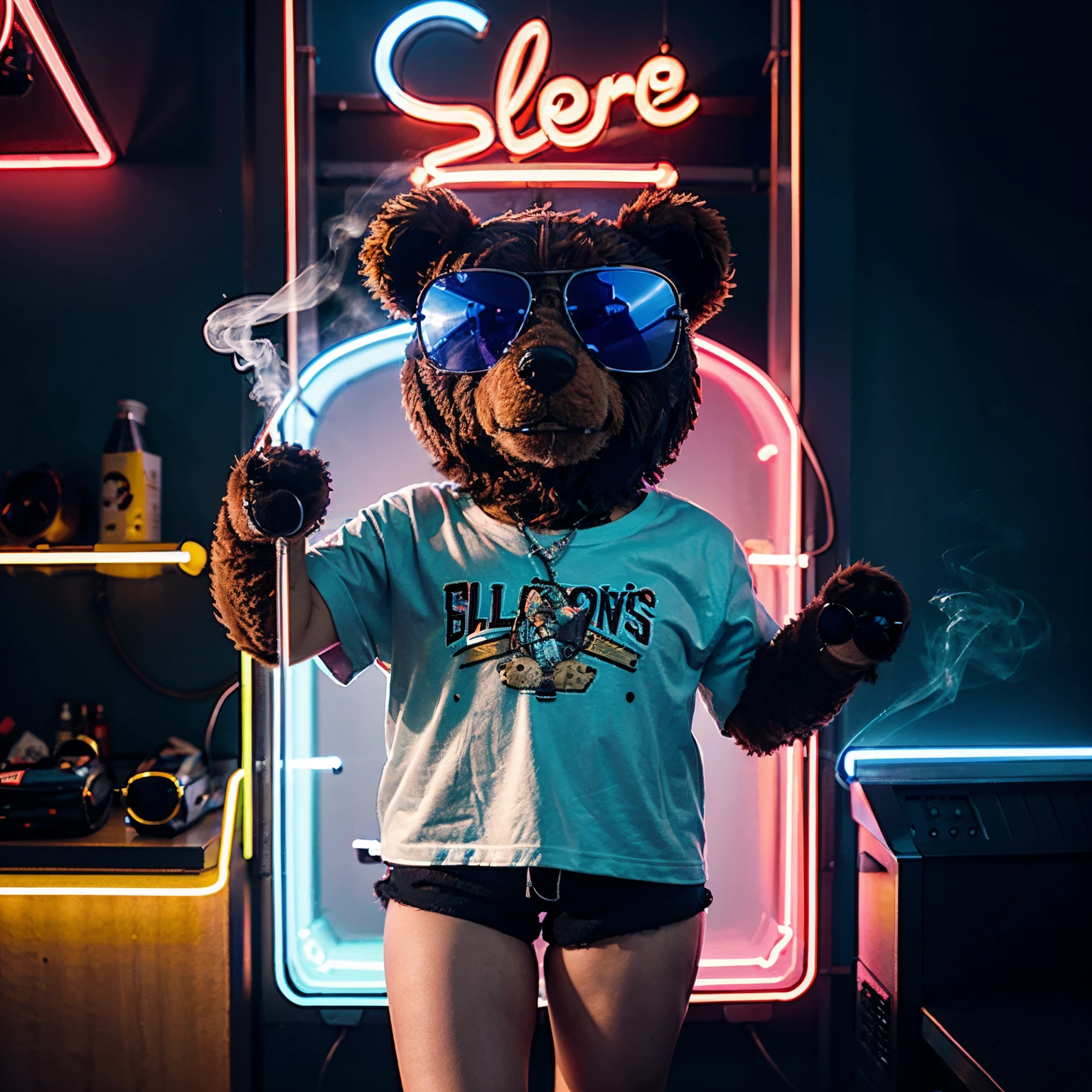 A teddy bear, wearing sunglasses, wearing shorts and shirts, smoking, neon lights, high quality, high detail