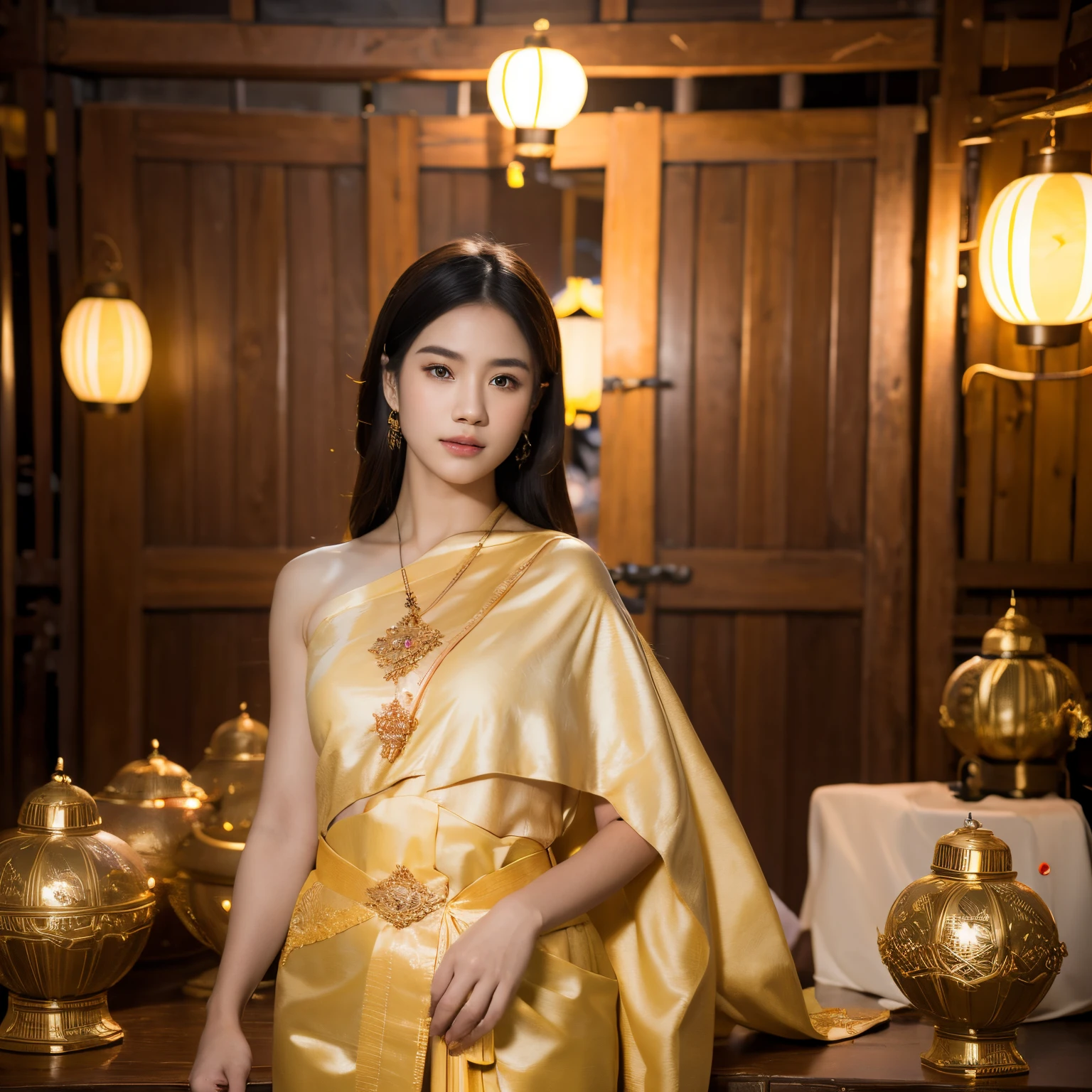 A beautiful young woman wearing a traditional Thai costume, the traditional of releasing floating lanterns, Loy Krathong festival, Thailand, (Masterpiece, realistic, high resolution),photorealistic, high resolution, hyper-realistic, ultra-detailed, Very detailed CG 8k wallpaper, Beautiful Lighting, Perfect Lightning,realistic(face, body, skin, high detailed skin, skin pores), perfect face,Pictures of the atmosphere at nights, full-body portraits,model poses,Full body Shot, perfect body, perfect face, perfect picture,