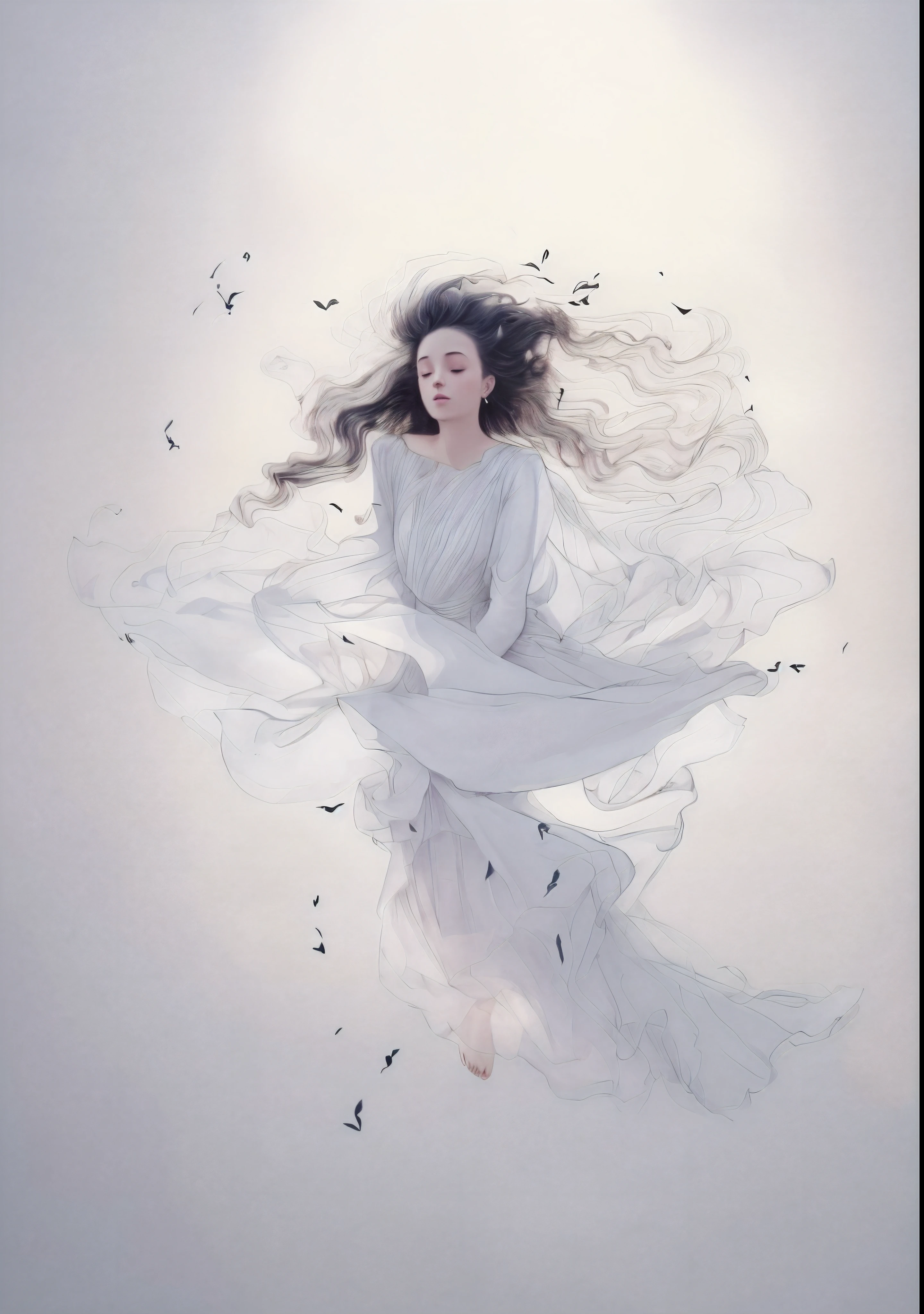 a drawing of a woman wearing very long dress, extremely fine ink lineart, loli in dress, floating in perfume, dramatic floating pose, official illustration, elegant floating pose, inky illustration, dramatic magic floating pose, colorless, floating drowned, charlie bowater art style, she is floating in the air, clothes floating, black and white sketch