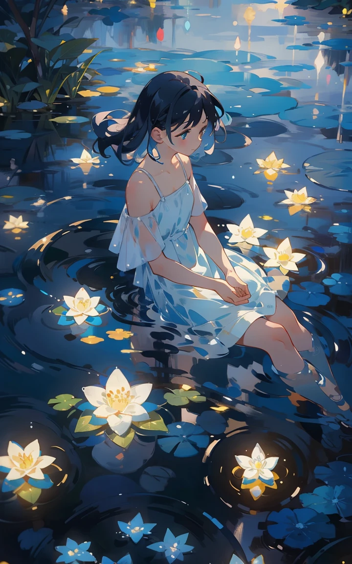 9. Blue reflection:Female sitting by a tranquil blue pond,Her reflection blends in with the nature around her。The surface of the water ripples gently,Creates a sense of serenity and clarity。