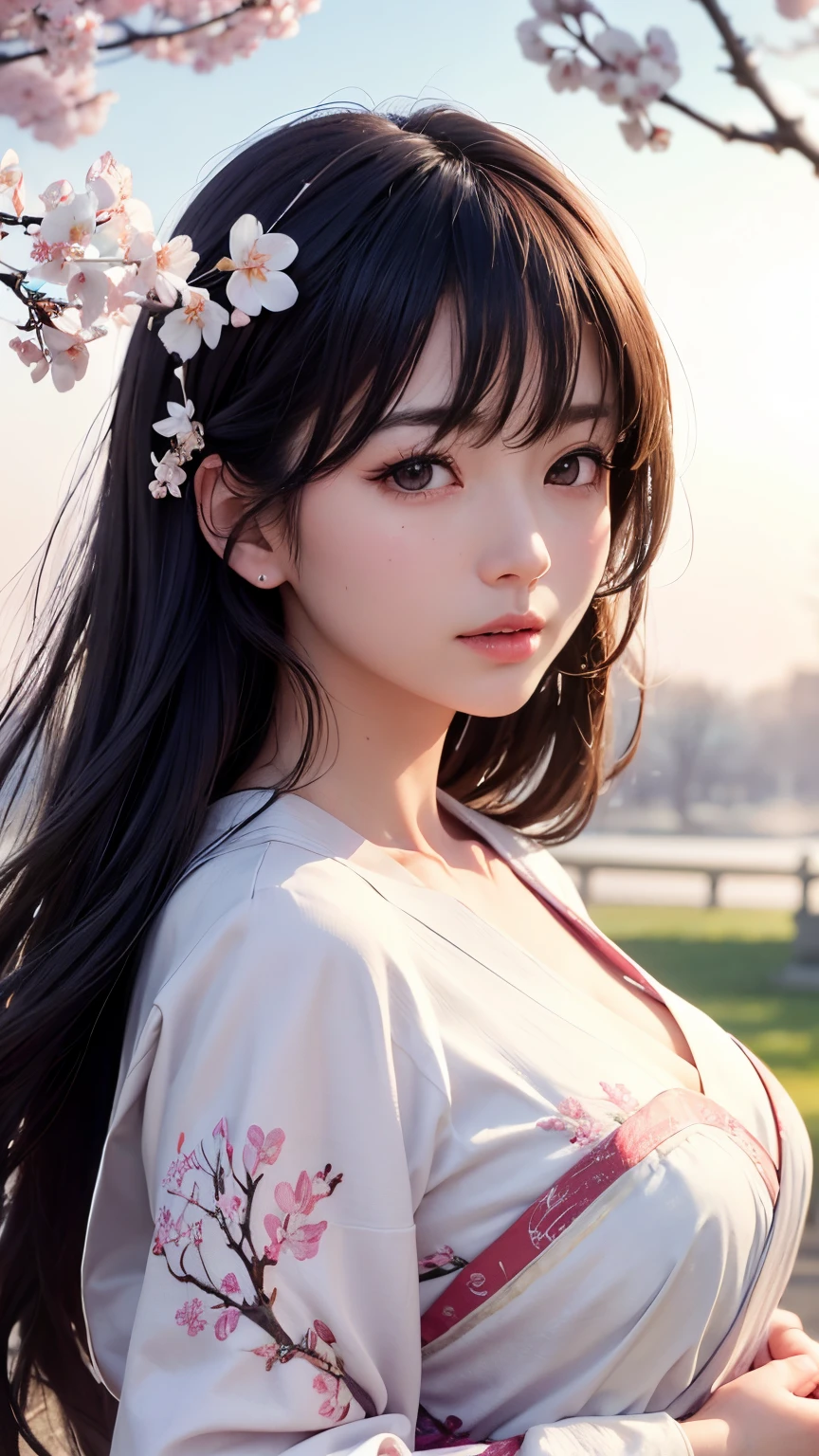 (A logo、​masterpiece、8K、masutepiece、Raw photo、Fantastic、Best Quality、Photorealistic、extremely detailed CG unified 8k wallpaper、hightquality、ighly detailed、epic poem、Particle effect、Dynamic effects、depth of fields、Cinematic Light、Lens Flare、Ray tracing)、Fantasia、 (Beauty 1 person、White Japanese Clothing、Japanese dress、White cherry blossom pattern、White cherry blossom embroidery pattern、A dark-haired、Beautiful face、Real Face、Beautiful detail eyes、Beautiful skin)、Hair flutters in the wind、Hair jumps、Pink cherry blossom tree、Petals flutter、Sakura blizzard、Superb view、morning glow、Sun in the background、the wind、Deities、tusk、myth、Vast Land、