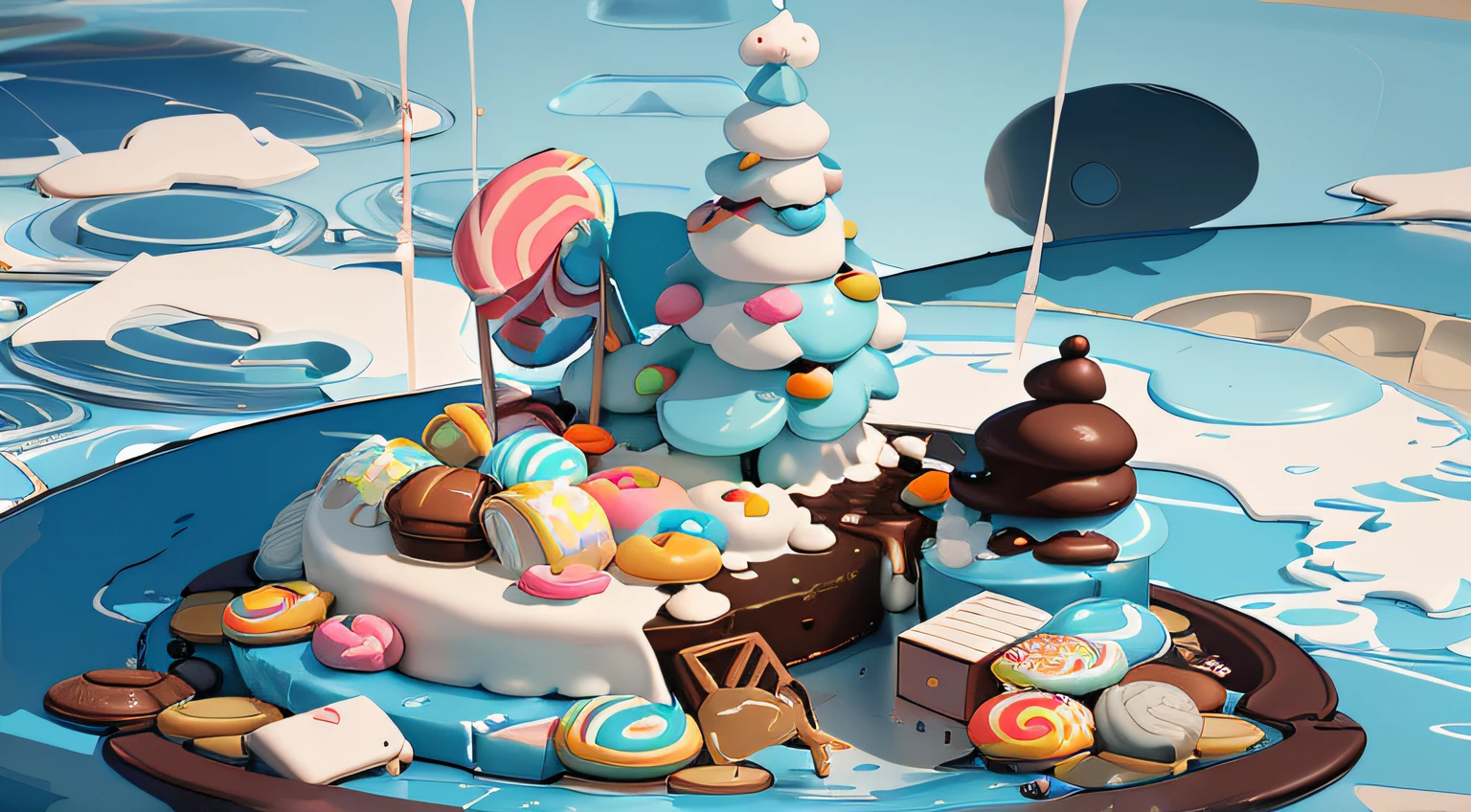 On a sunny day, there is an island in the vast sea, there is a candy house composed of ice cream, cream, chocolate, biscuits, and lollipops, the painting style is fresh and sweet, Morandi color, there is a small garden full of strawberry aroma, there is a chocolate fountain in the garden, 4K high quality, realistic cartoon, mysterious, high detail, the overall brighter --auto --s2