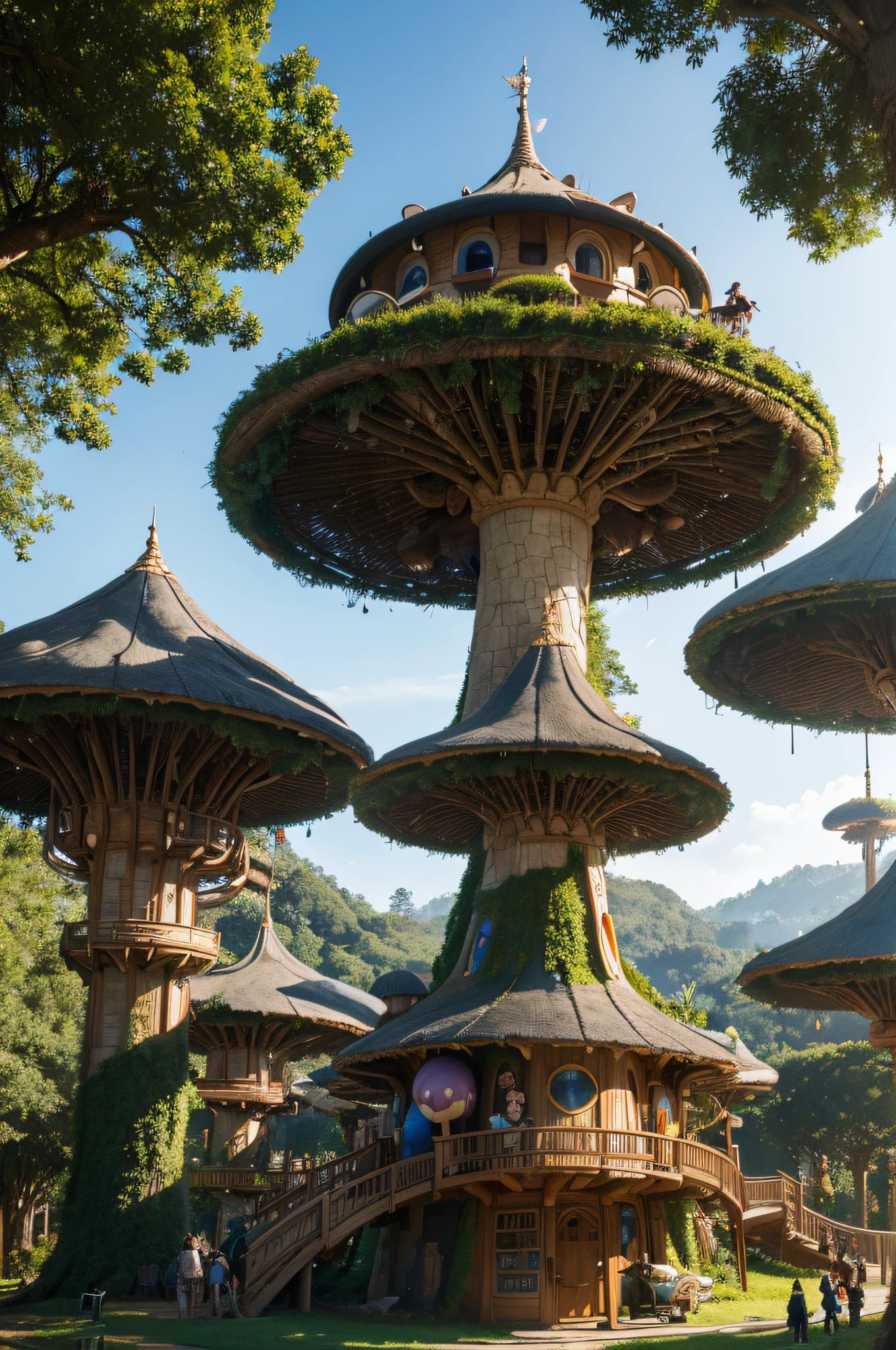 Cartoon illustration of a group of people in the forest with a huge mushroom house, zootopia concept art, flying trees and park items, Concept art is very detailed, Battle of the Treehouse, amusement park interior design, concept art by disney, published art, Colorful architectural drawings, award winning concept art, adventure playground, weta studio concept art, Colorful concept art，4K